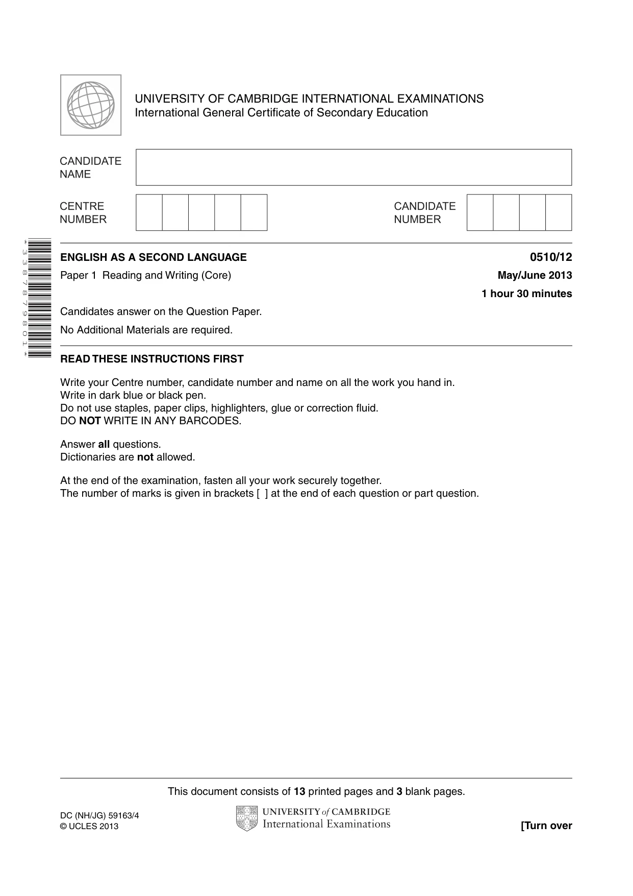 Cambridge IGCSE English - Second Language (oral endorsement) 0510 2013 May/June Paper 1 · Variant 2 question paper, page 1 of 16