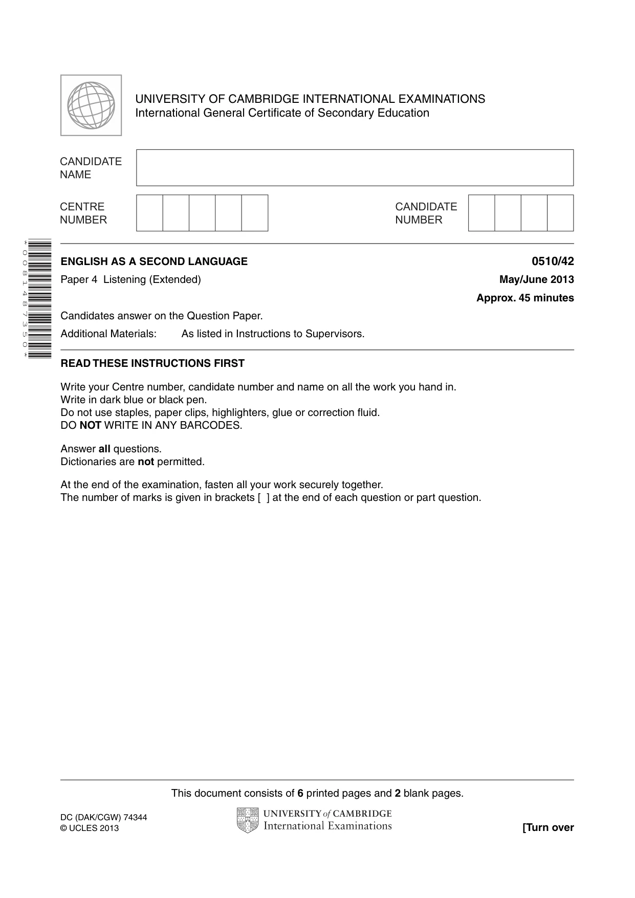 Cambridge IGCSE English - Second Language (oral endorsement) 0510 2013 May/June Paper 4 · Variant 2 question paper, page 1 of 8