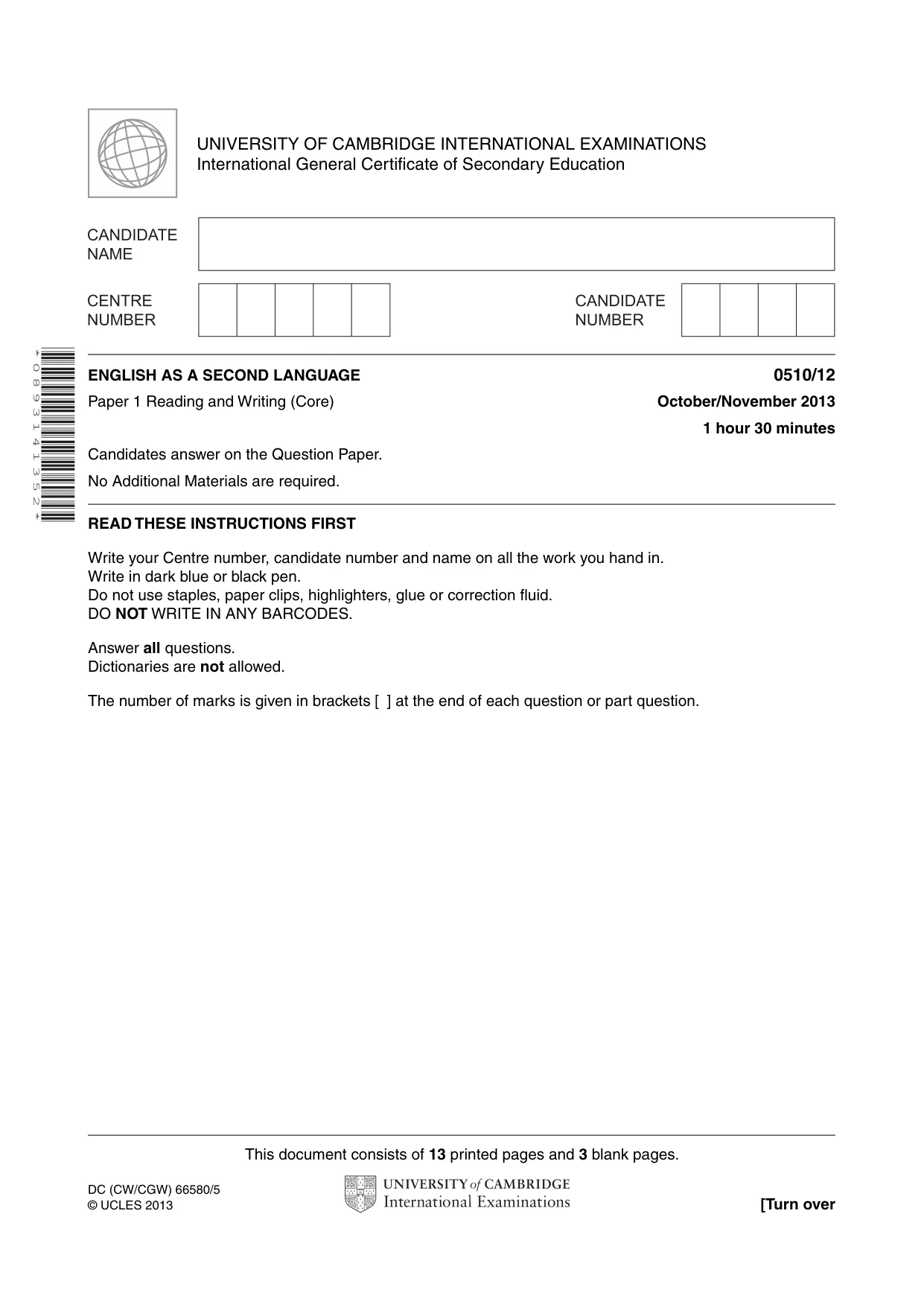 Cambridge IGCSE English - Second Language (oral endorsement) 0510 2013 Oct/Nov Paper 1 · Variant 2 question paper, page 1 of 16
