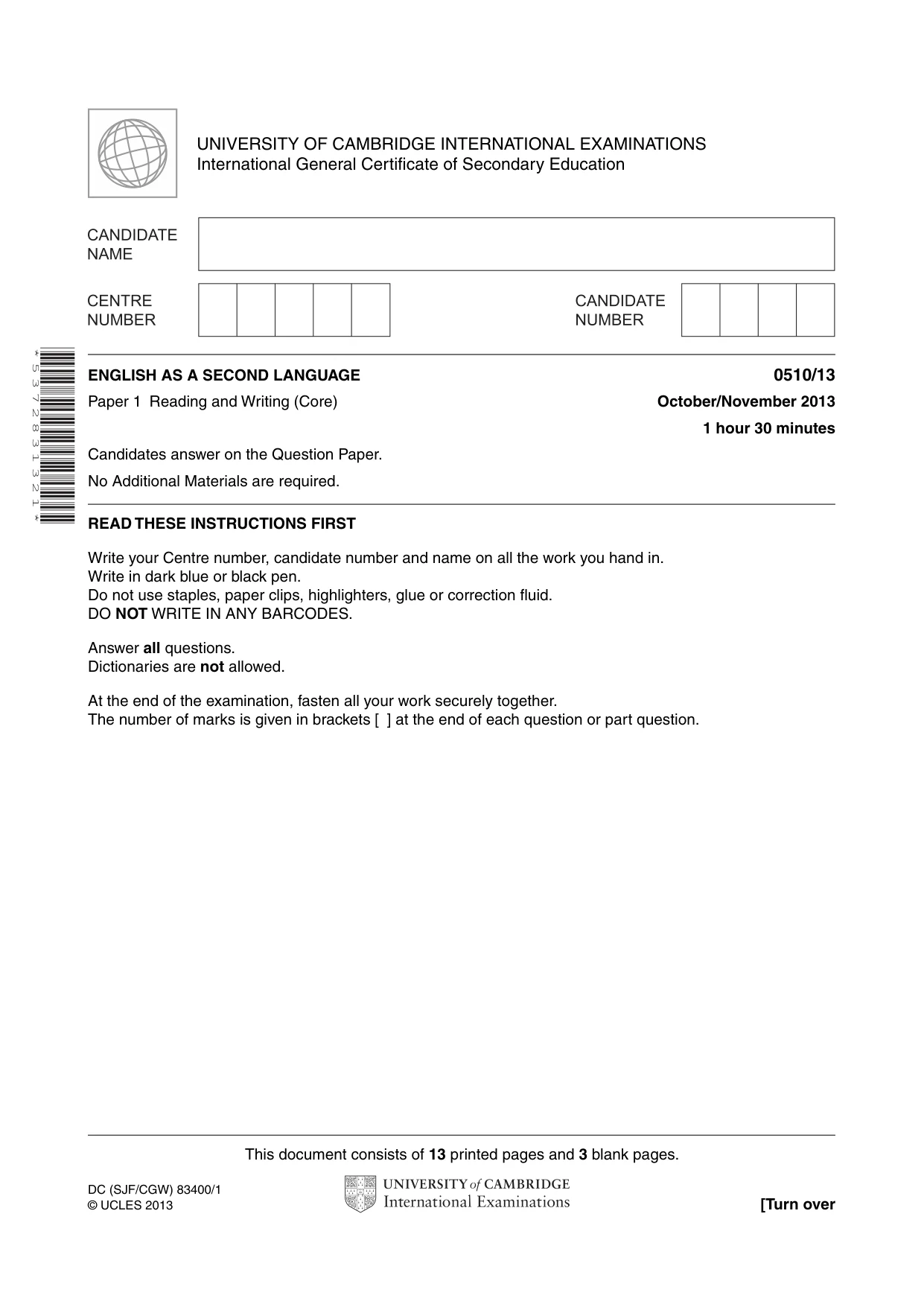 Cambridge IGCSE English - Second Language (oral endorsement) 0510 2013 Oct/Nov Paper 1 · Variant 3 question paper, page 1 of 16