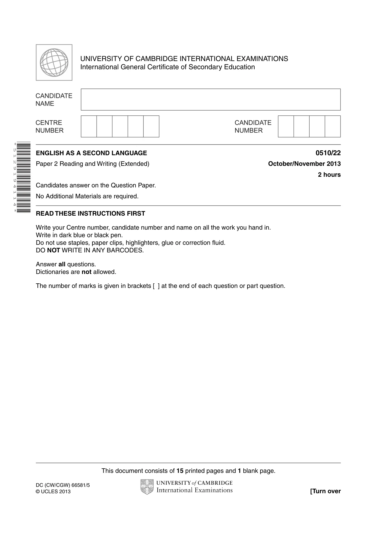Cambridge IGCSE English - Second Language (oral endorsement) 0510 2013 Oct/Nov Paper 2 · Variant 2 question paper, page 1 of 16