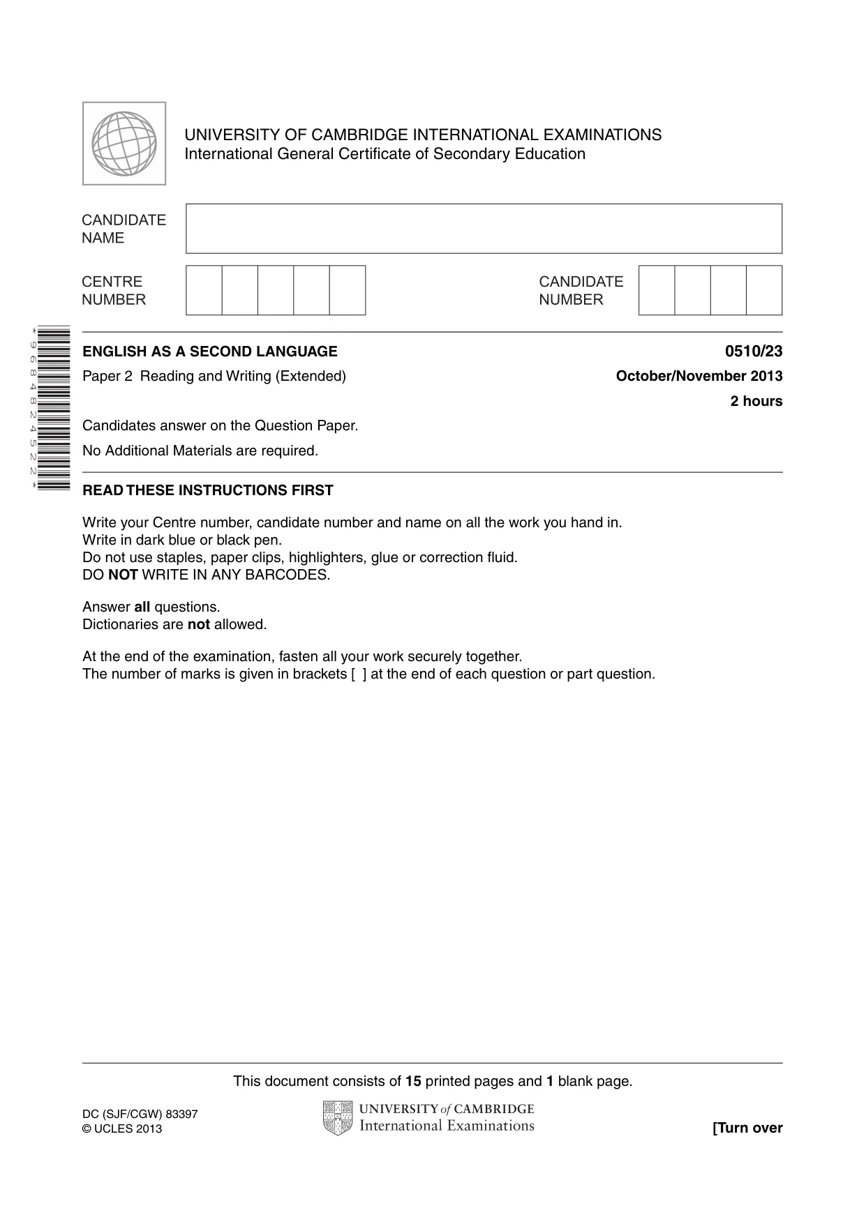 Cambridge IGCSE English - Second Language (oral endorsement) 0510 2013 Oct/Nov Paper 2 · Variant 3 question paper, page 1 of 16