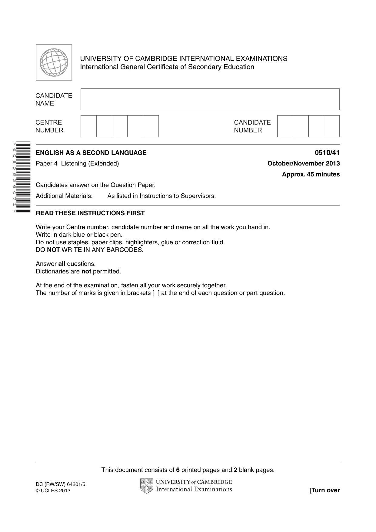 Cambridge IGCSE English - Second Language (oral endorsement) 0510 2013 Oct/Nov Paper 4 · Variant 1 question paper, page 1 of 8