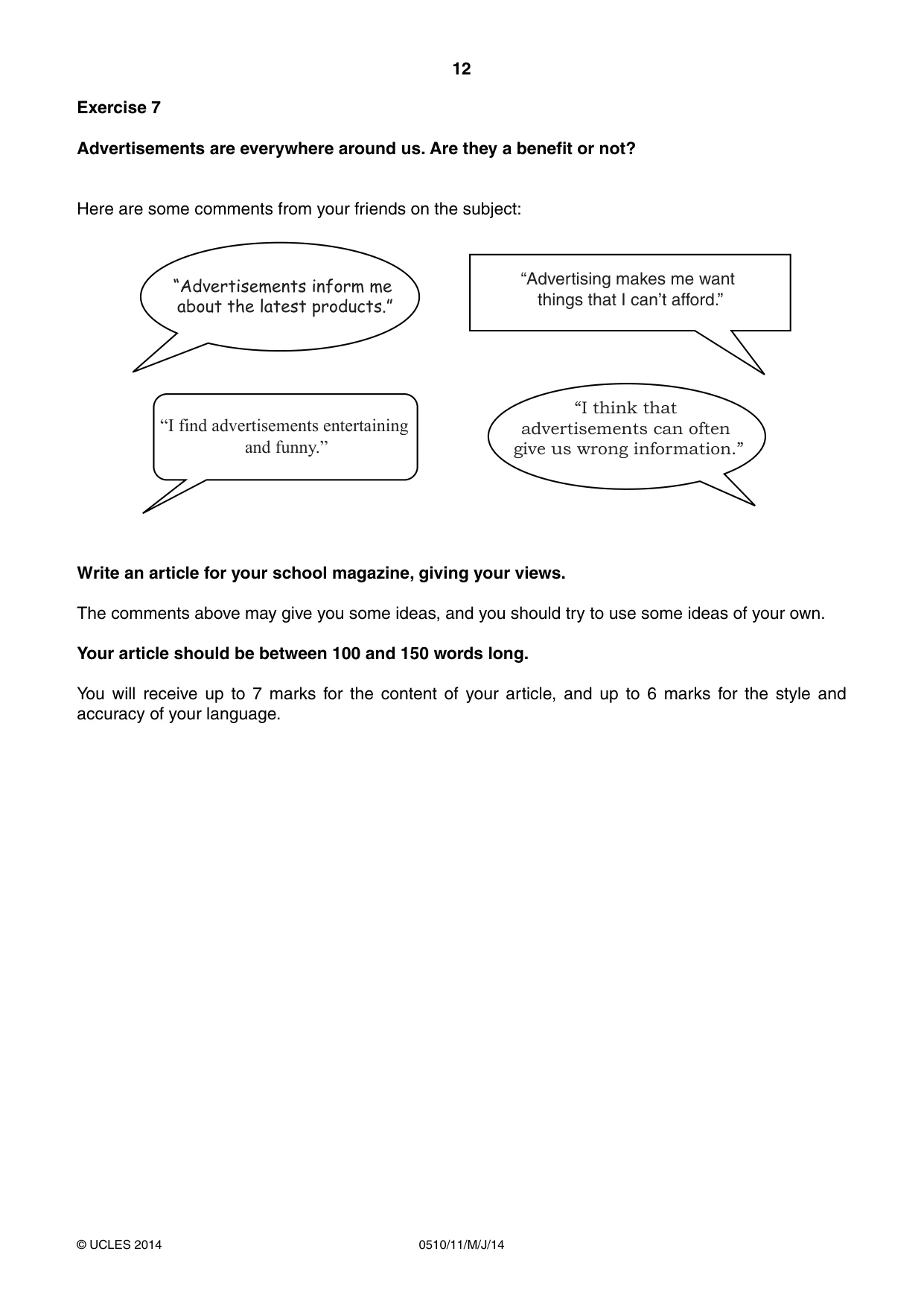 Cambridge IGCSE English - Second Language (oral endorsement) 0510 2014 May/June Paper 1 · Variant 1 question paper, page 12 of 16