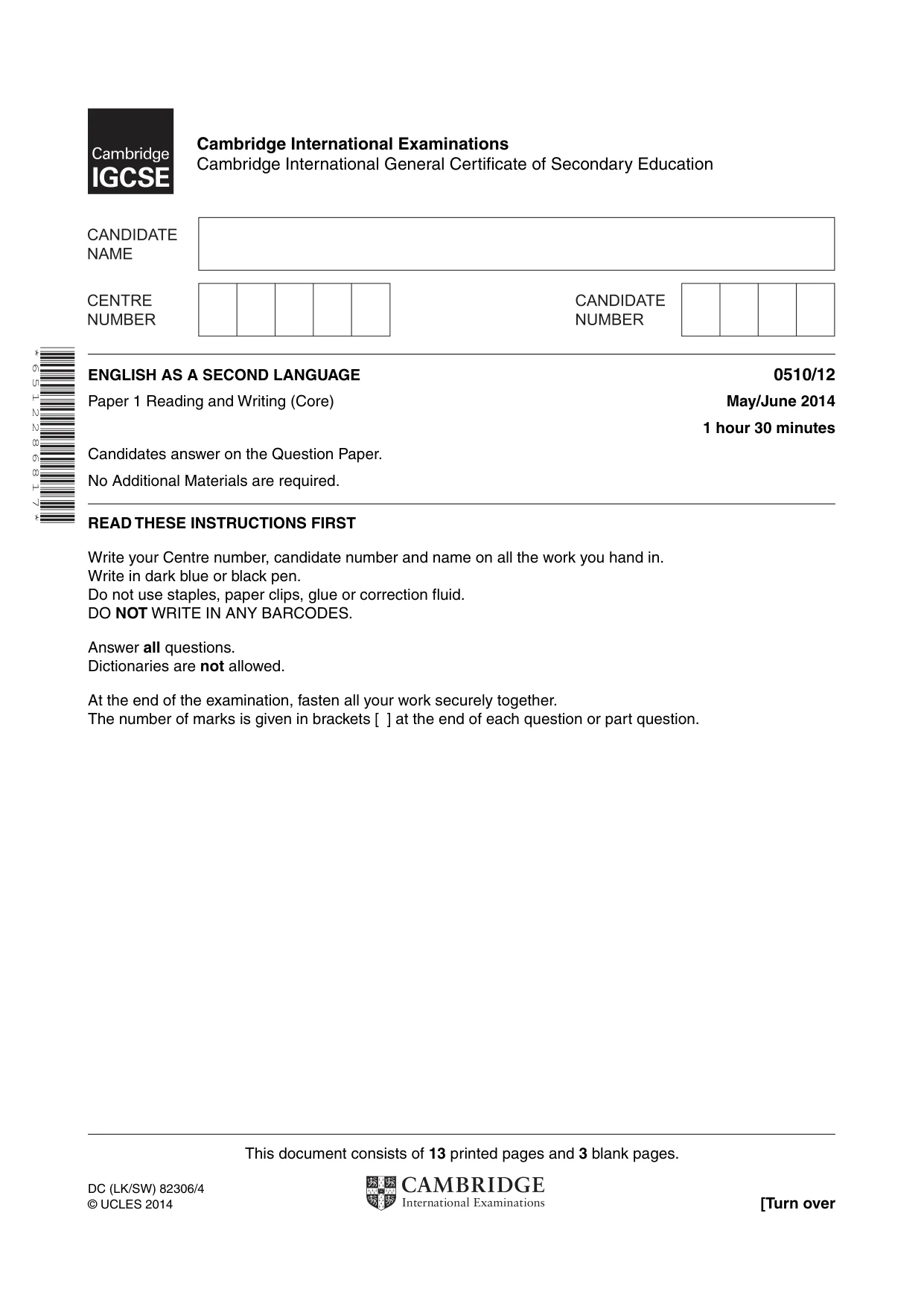 Cambridge IGCSE English - Second Language (oral endorsement) 0510 2014 May/June Paper 1 · Variant 2 question paper, page 1 of 16