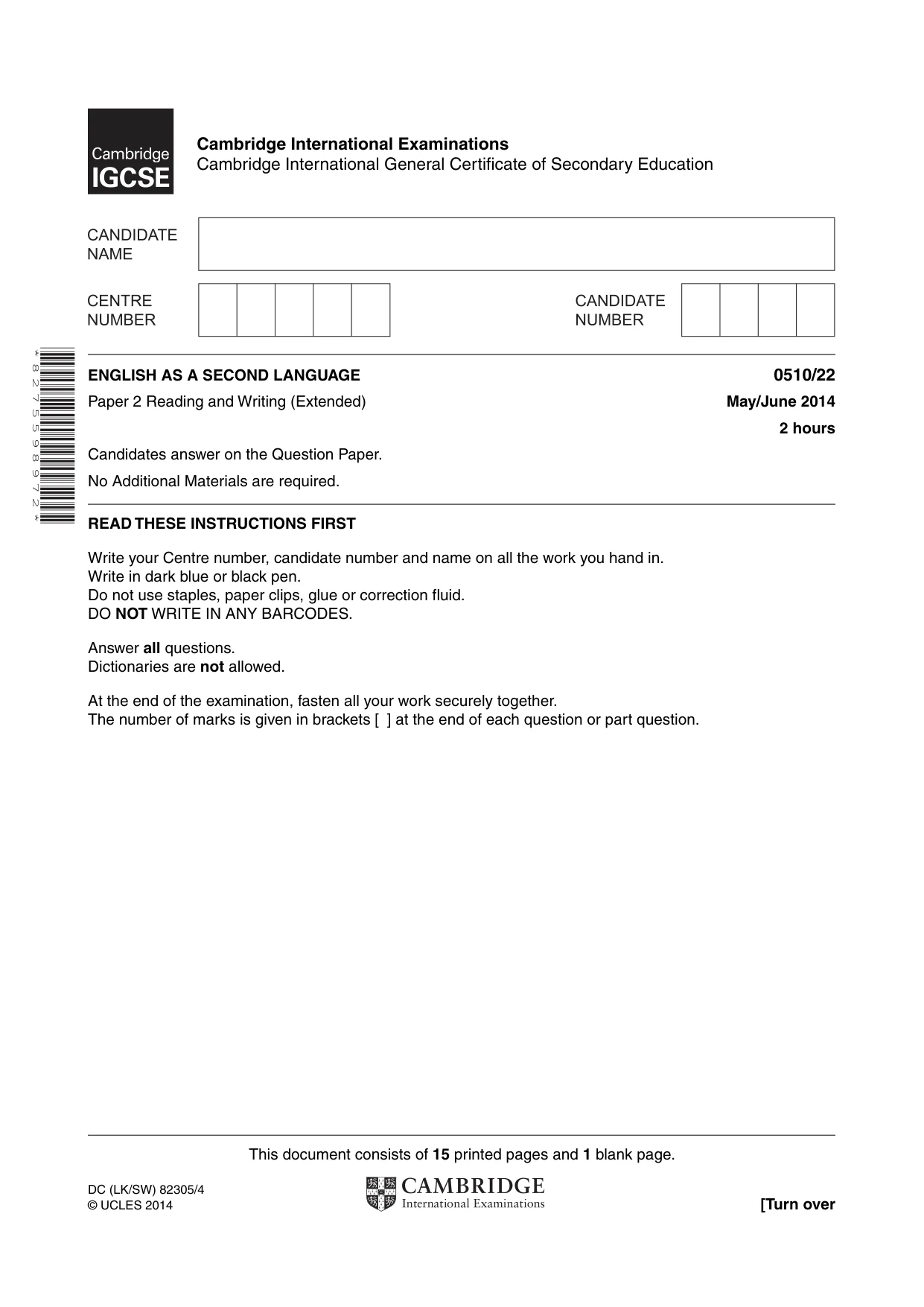 Cambridge IGCSE English - Second Language (oral endorsement) 0510 2014 May/June Paper 2 · Variant 2 question paper, page 1 of 16