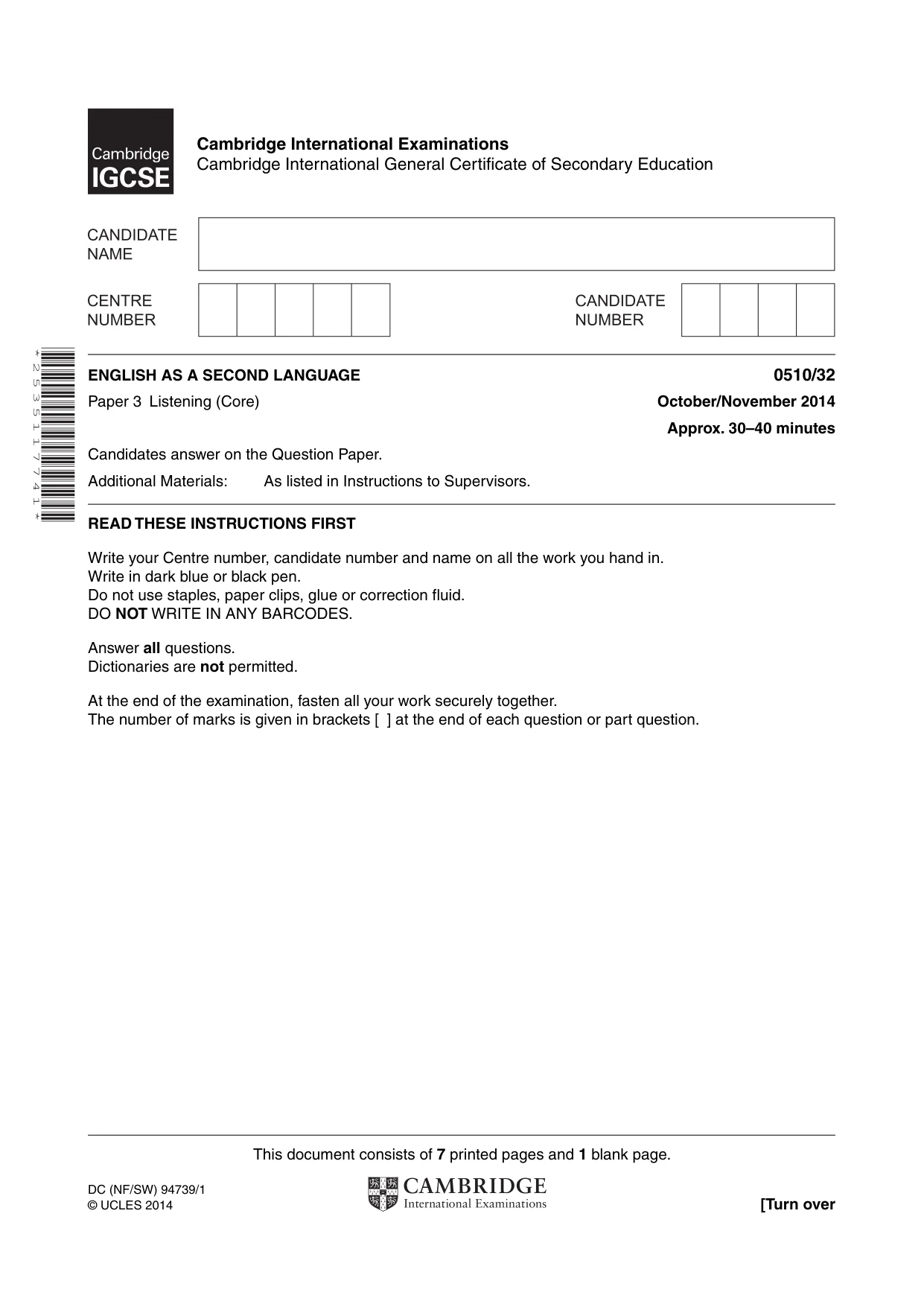 Cambridge IGCSE English - Second Language (oral endorsement) 0510 2014 Oct/Nov Paper 3 · Variant 2 question paper, page 1 of 8