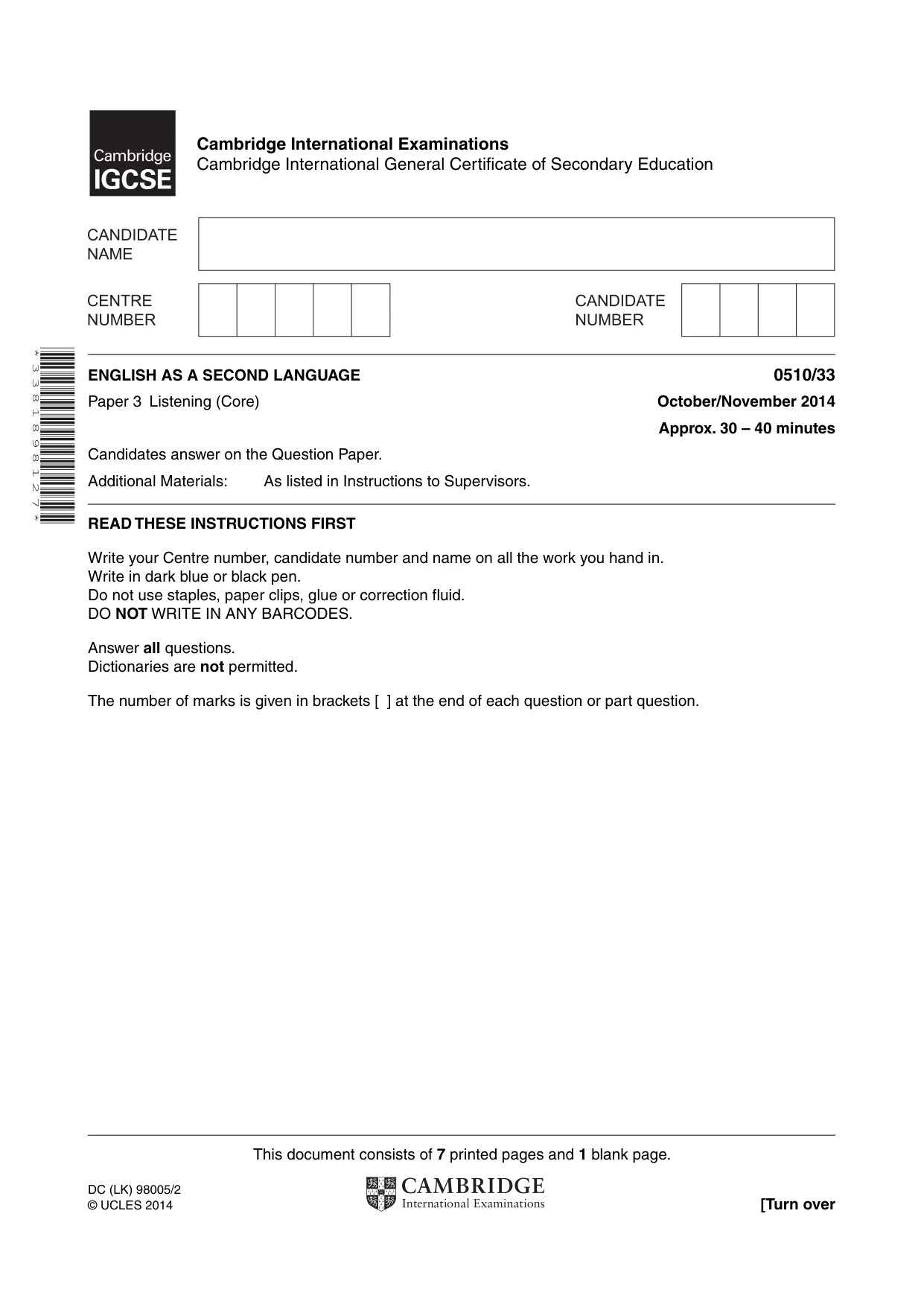 Cambridge IGCSE English - Second Language (oral endorsement) 0510 2014 Oct/Nov Paper 3 · Variant 3 question paper, page 1 of 8
