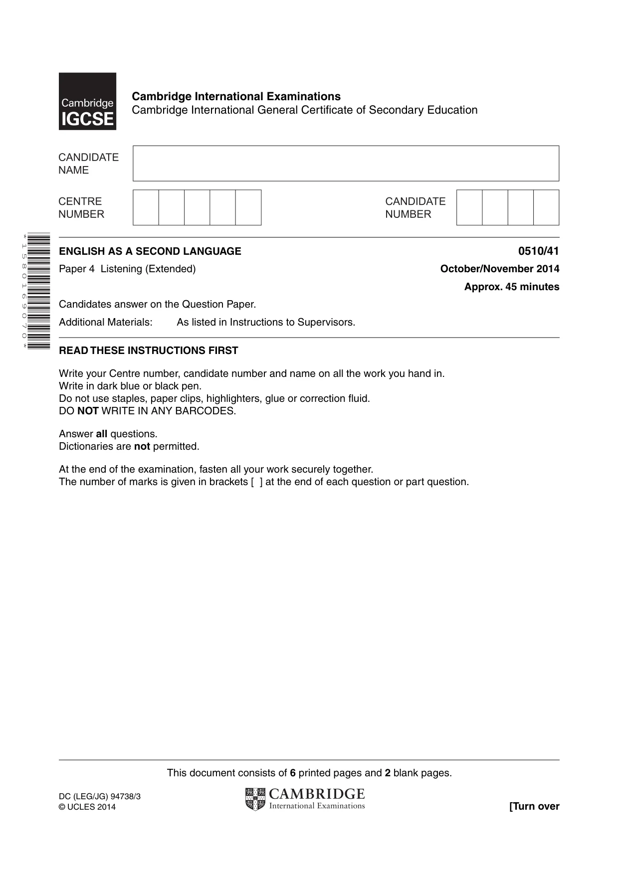 Cambridge IGCSE English - Second Language (oral endorsement) 0510 2014 Oct/Nov Paper 4 · Variant 1 question paper, page 1 of 8