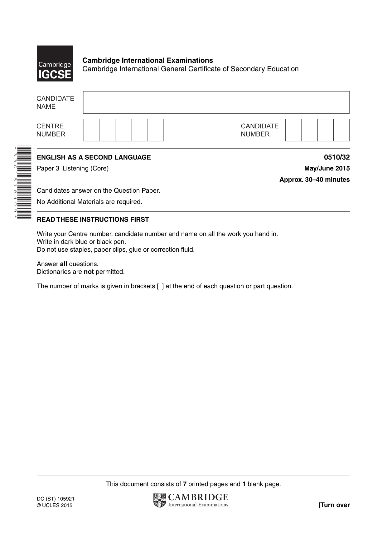 Cambridge IGCSE English - Second Language (oral endorsement) 0510 2015 May/June Paper 3 · Variant 2 question paper, page 1 of 8
