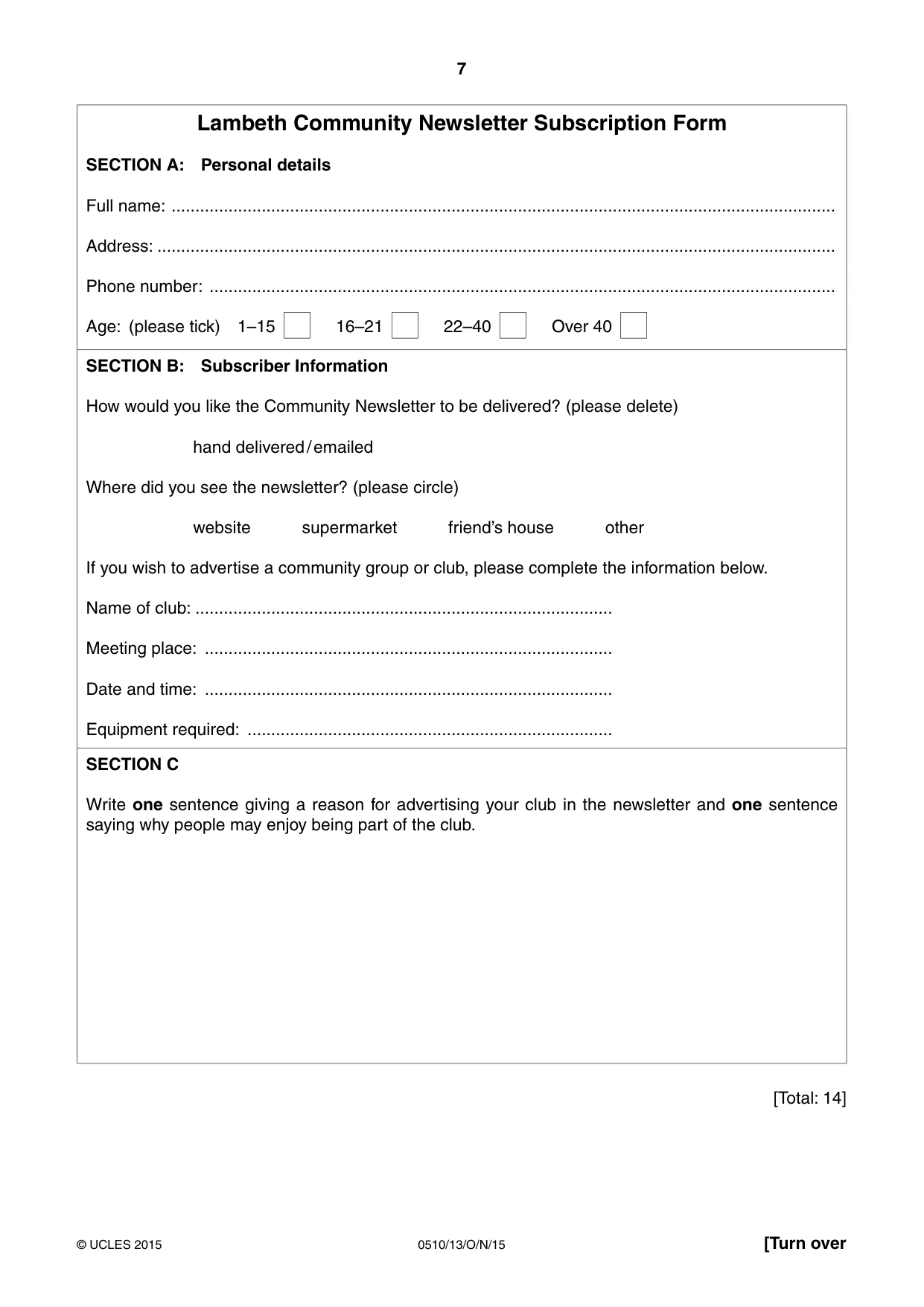 Cambridge IGCSE English - Second Language (oral endorsement) 0510 2015 Oct/Nov Paper 1 · Variant 3 question paper, page 7 of 16