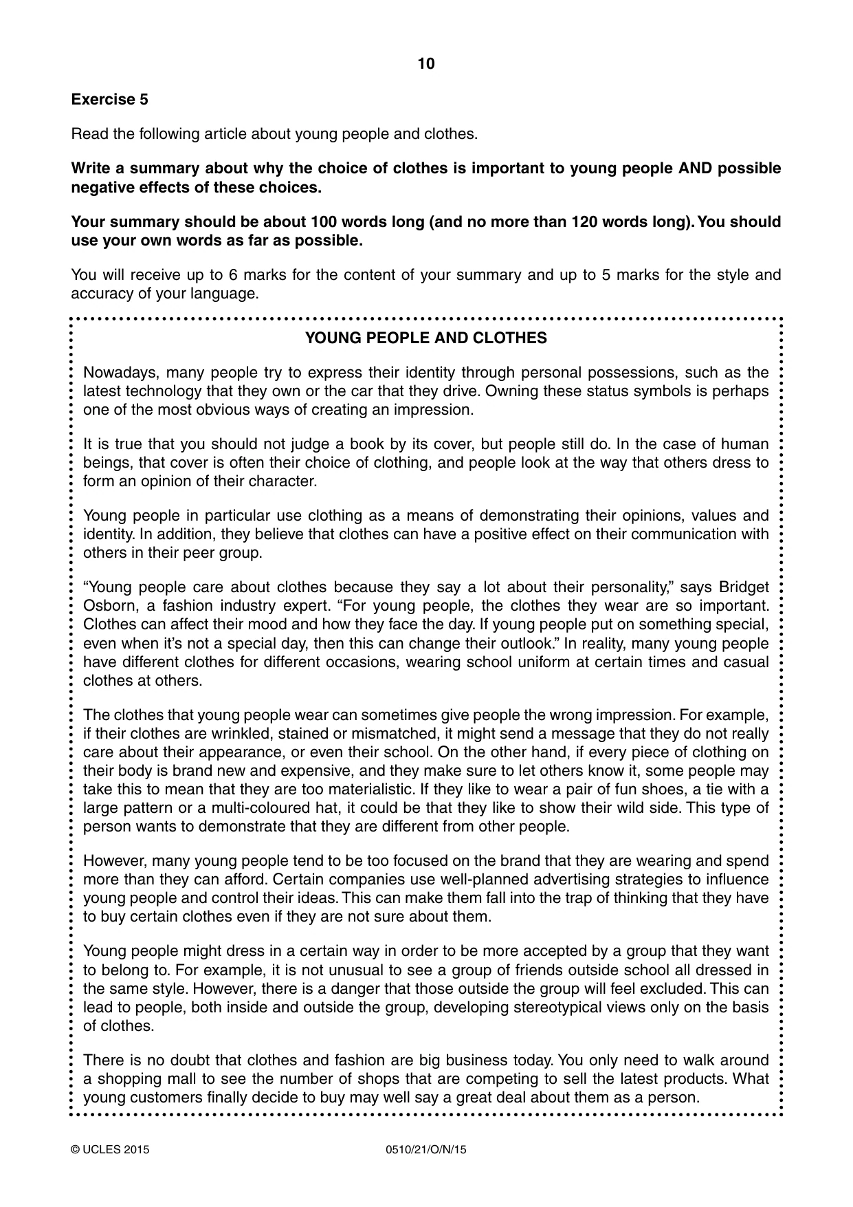 Cambridge IGCSE English - Second Language (oral endorsement) 0510 2015 Oct/Nov Paper 2 · Variant 1 question paper, page 10 of 16