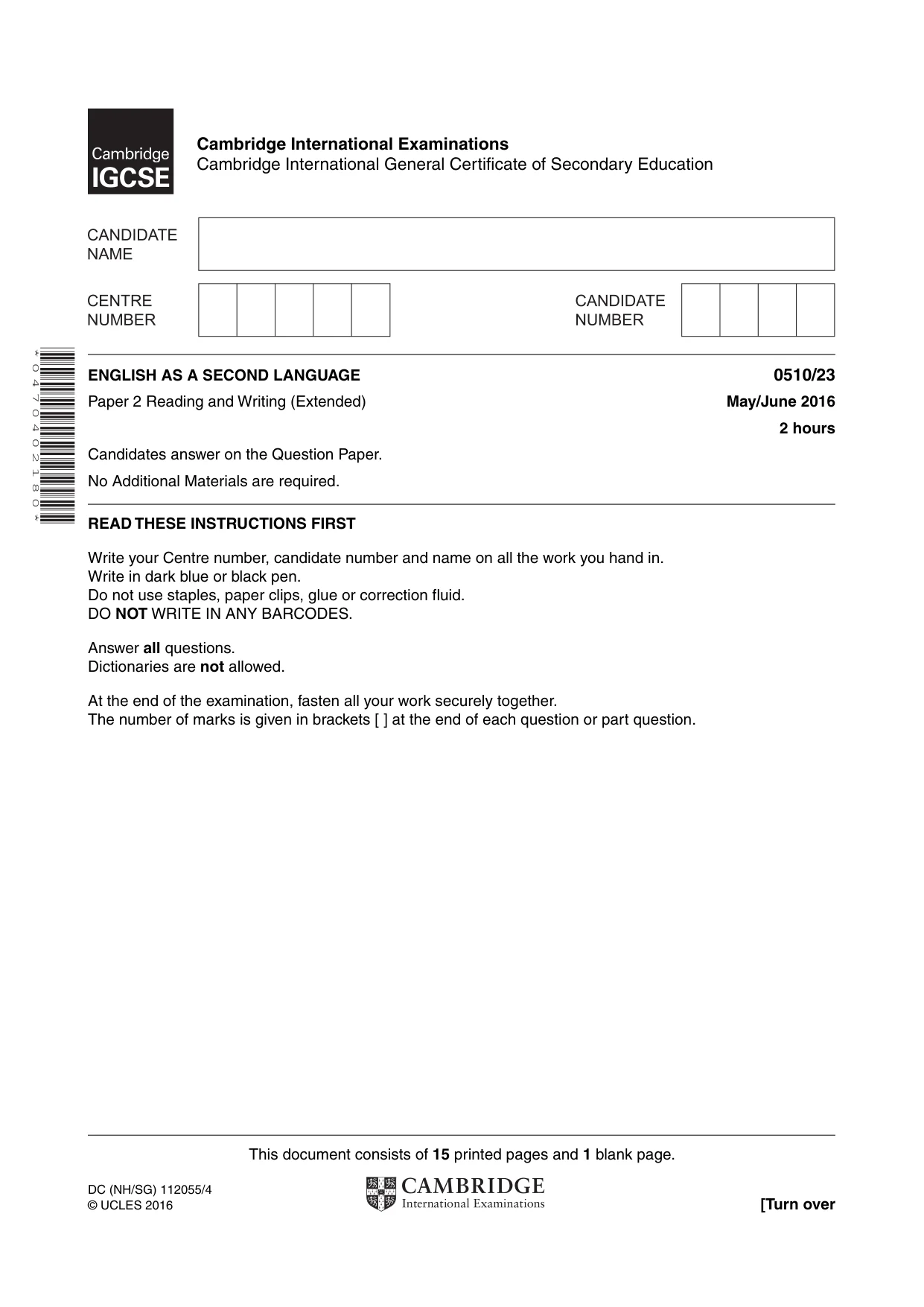 Cambridge IGCSE English - Second Language (oral endorsement) 0510 2016 May/June Paper 2 · Variant 3 question paper, page 1 of 16
