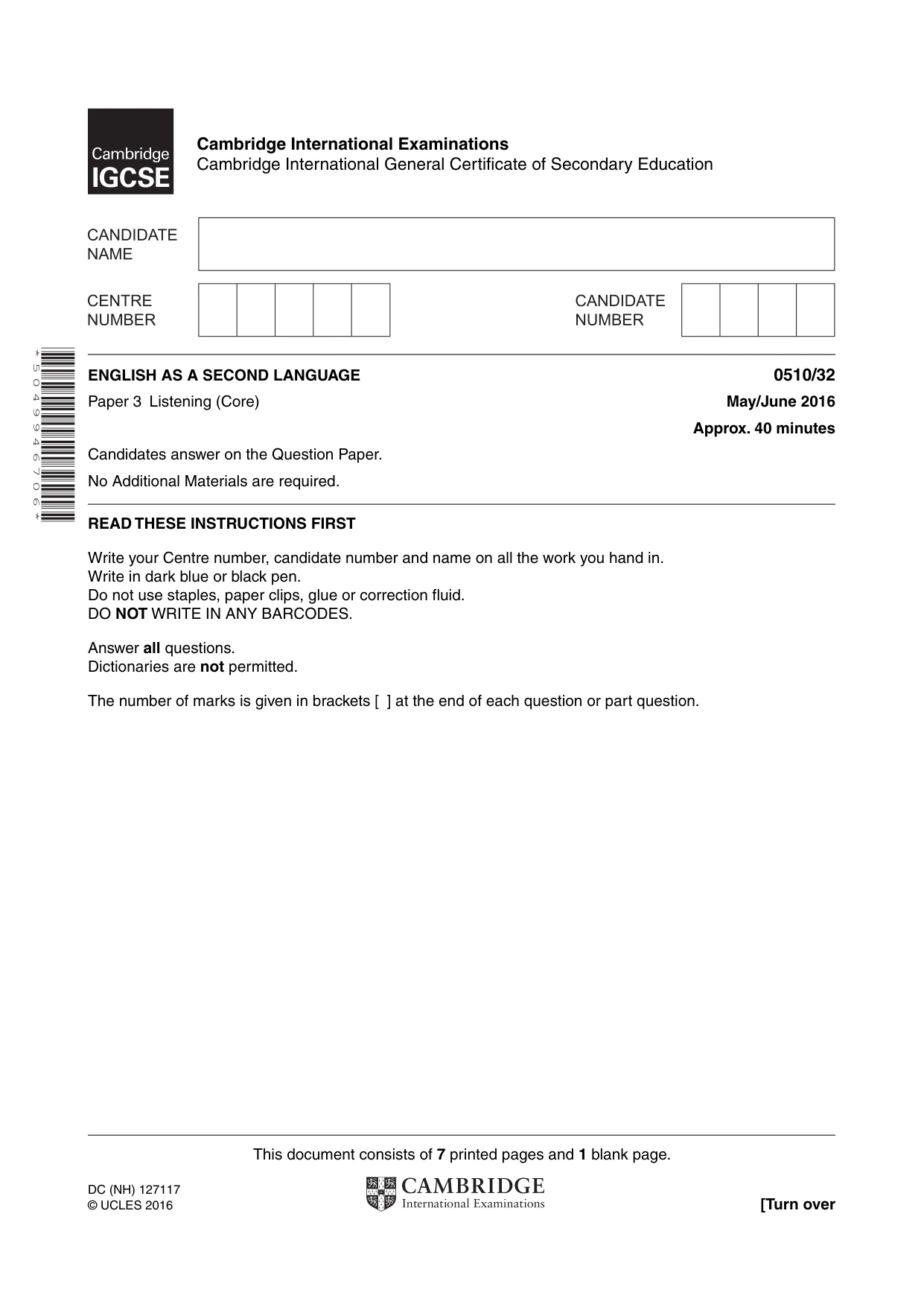 Cambridge IGCSE English - Second Language (oral endorsement) 0510 2016 May/June Paper 3 · Variant 2 question paper, page 1 of 8