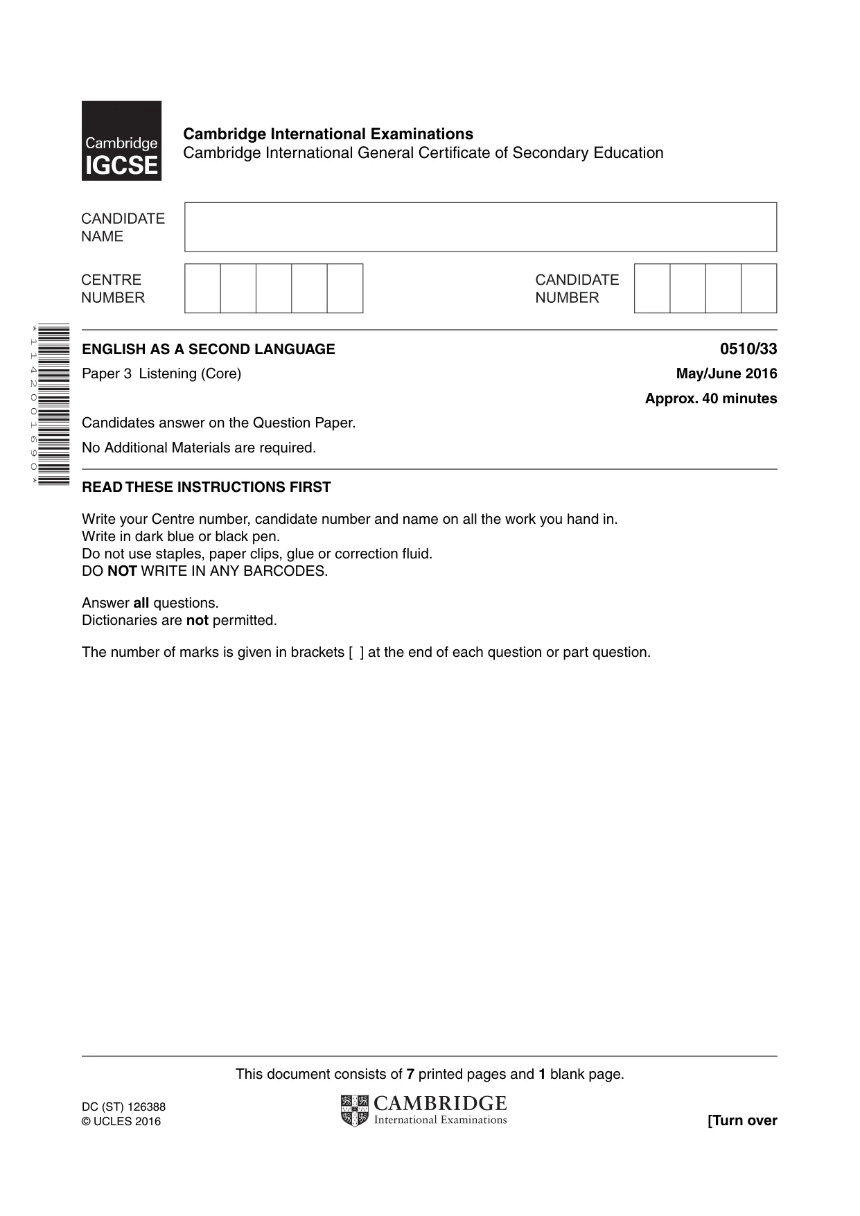 Cambridge IGCSE English - Second Language (oral endorsement) 0510 2016 May/June Paper 3 · Variant 3 question paper, page 1 of 8
