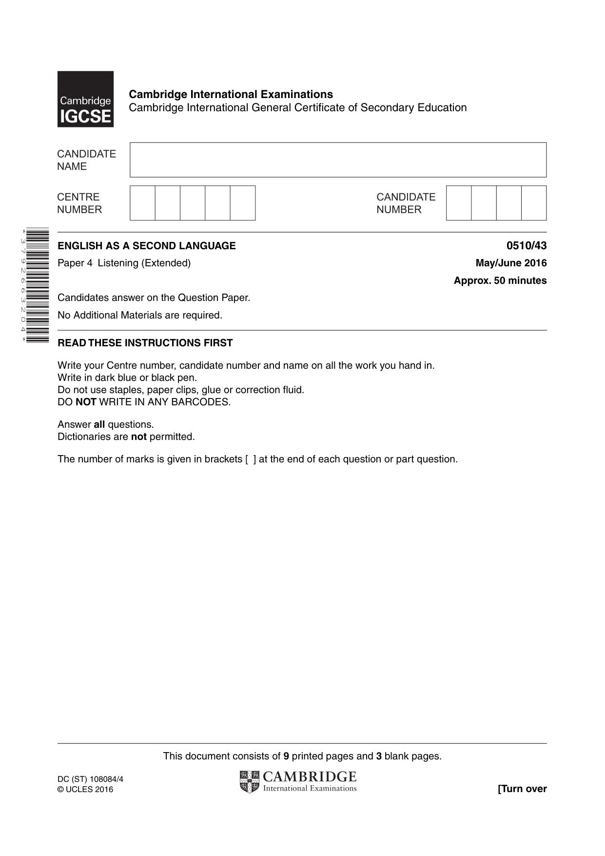 Cambridge IGCSE English - Second Language (oral endorsement) 0510 2016 May/June Paper 4 · Variant 3 question paper, page 1 of 12