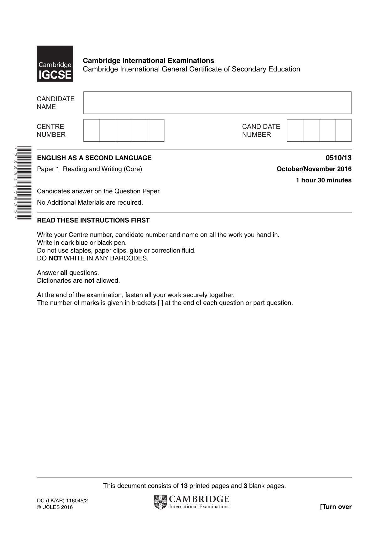 Cambridge IGCSE English - Second Language (oral endorsement) 0510 2016 Oct/Nov Paper 1 · Variant 3 question paper, page 1 of 16