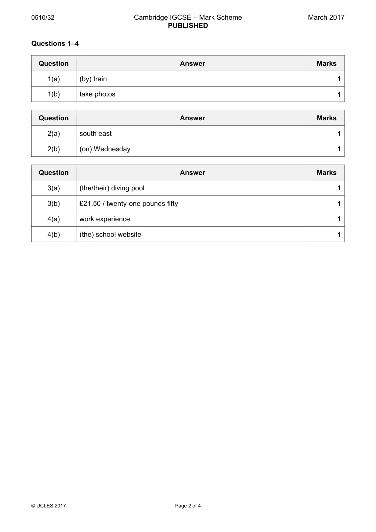 Mark scheme, page 2 of 4