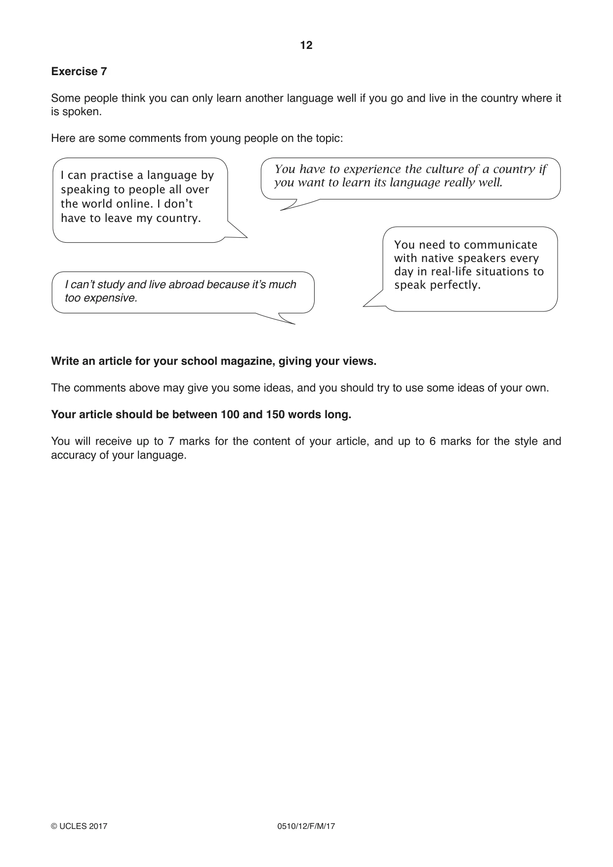 Cambridge IGCSE English - Second Language (oral endorsement) 0510 2017 Feb/March Paper 1 · Variant 2 question paper, page 12 of 16