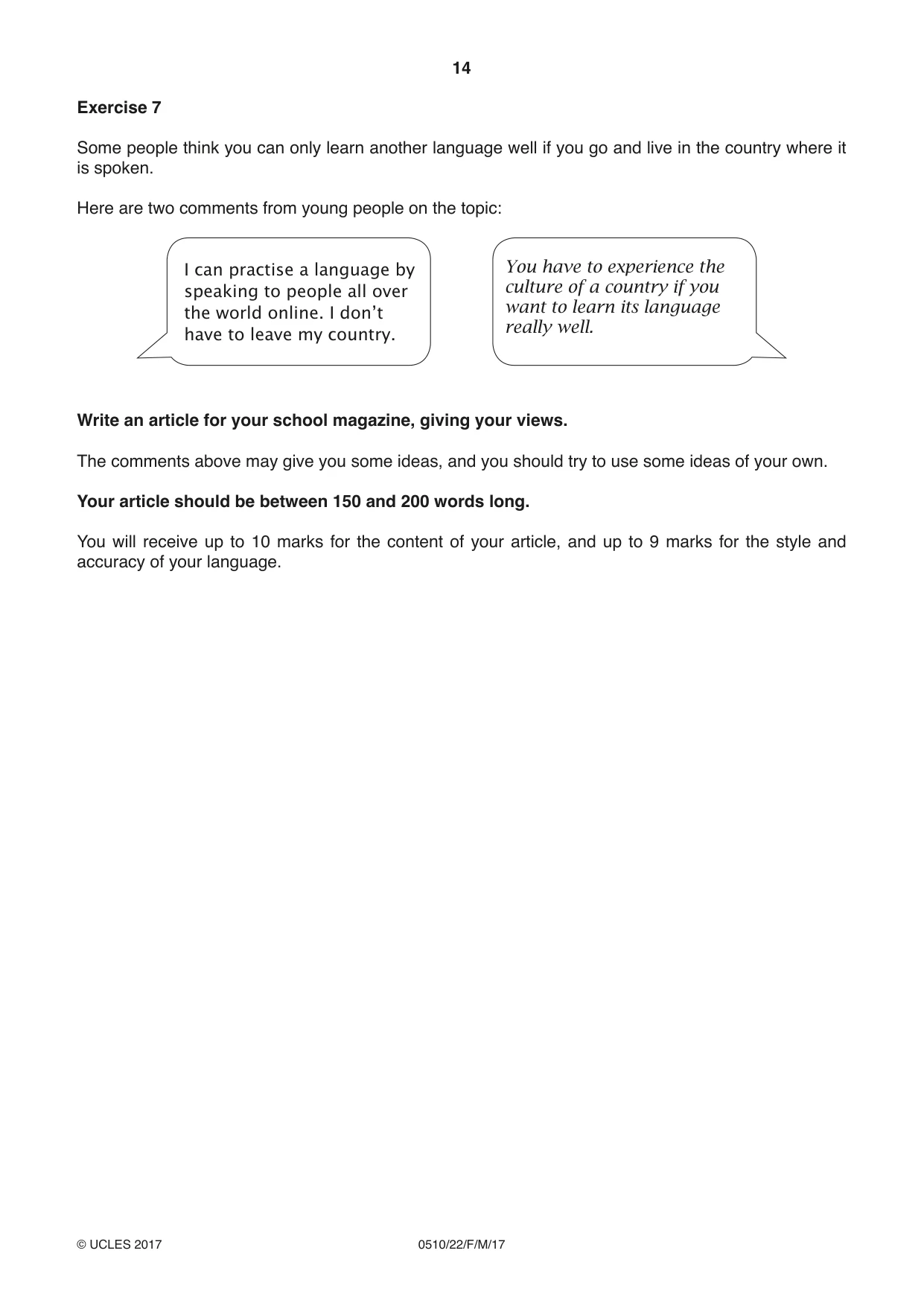 Cambridge IGCSE English - Second Language (oral endorsement) 0510 2017 Feb/March Paper 2 · Variant 2 question paper, page 14 of 16