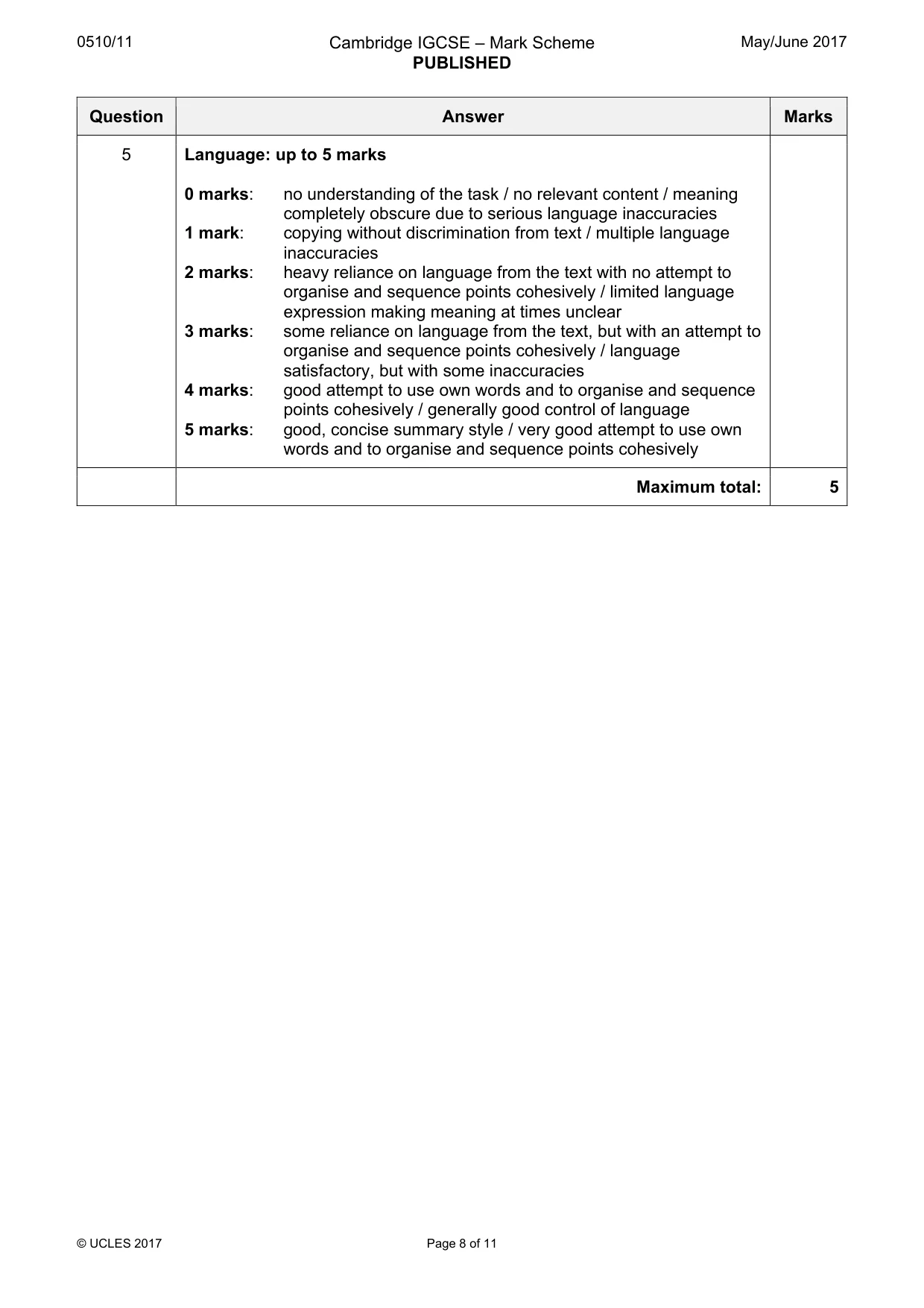 Mark scheme, page 8 of 11