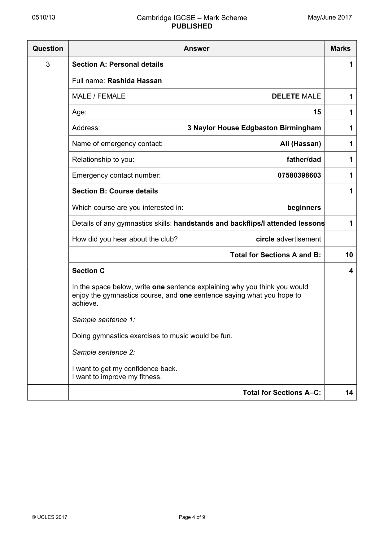 Mark scheme, page 4 of 9