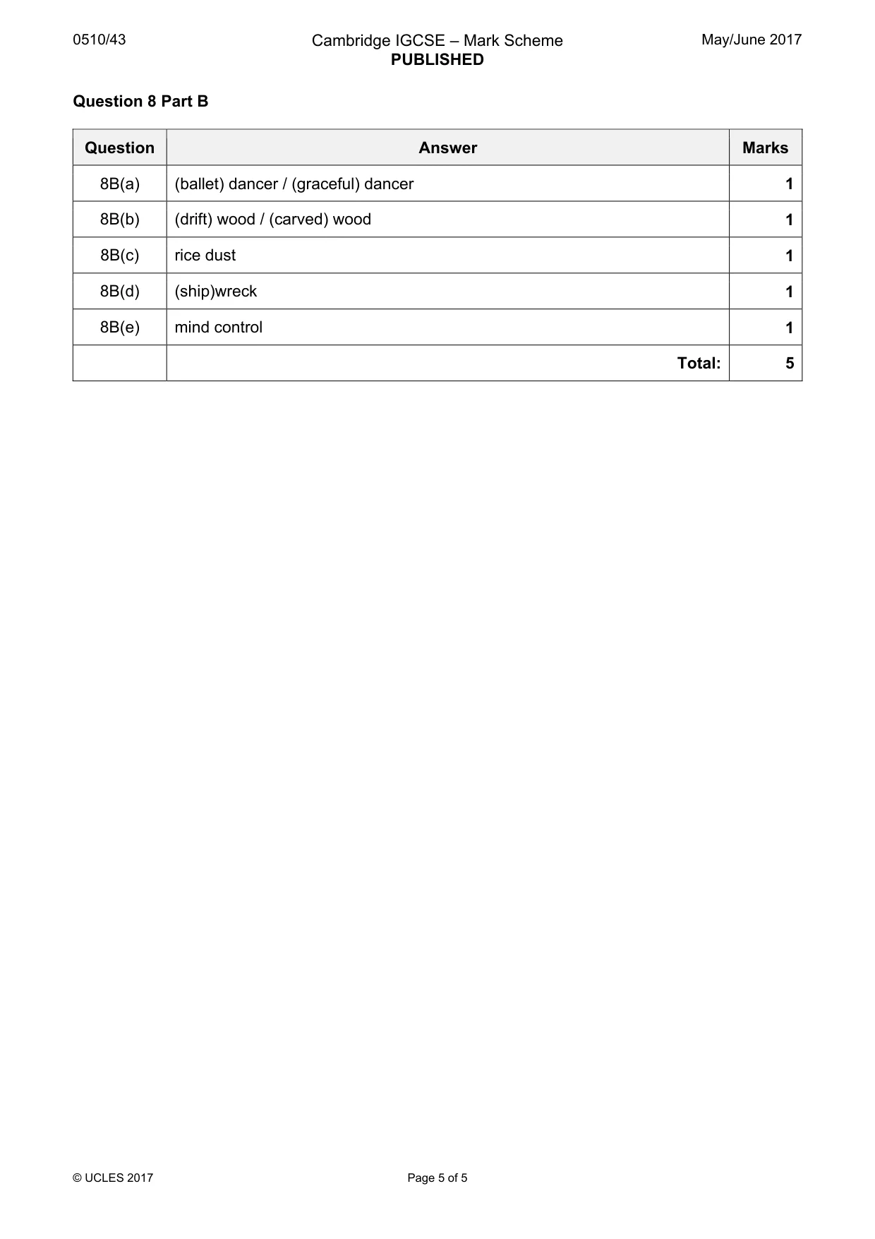 Mark scheme, page 5 of 5