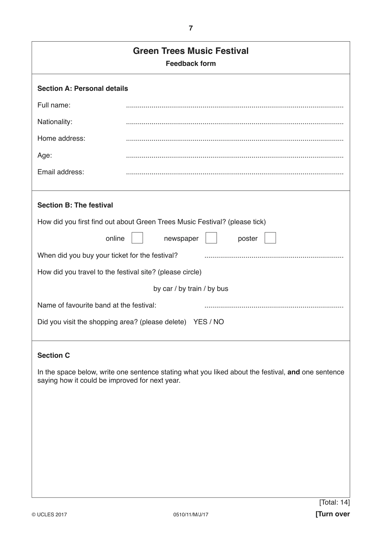Cambridge IGCSE English - Second Language (oral endorsement) 0510 2017 May/June Paper 1 · Variant 1 question paper, page 7 of 16