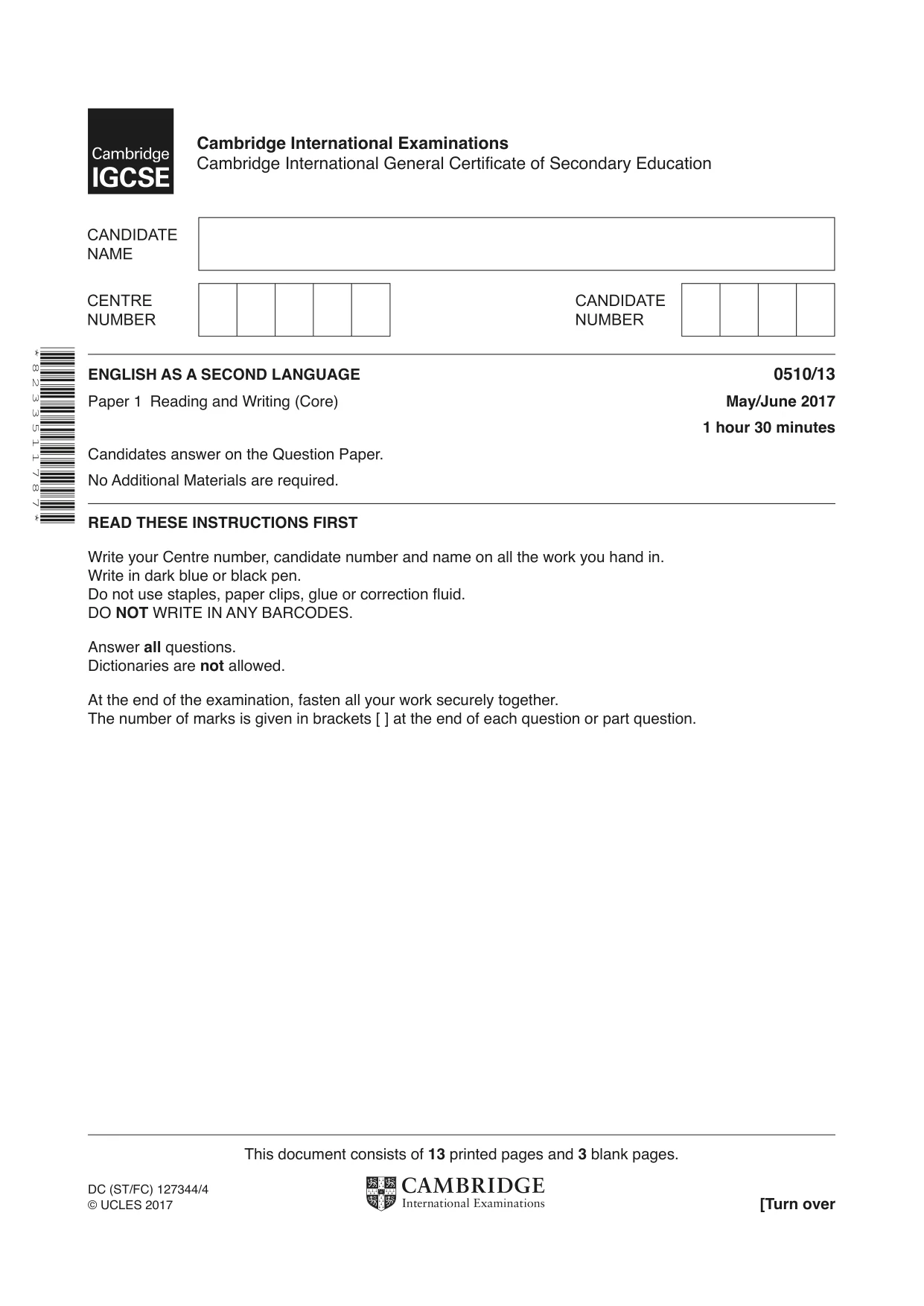Cambridge IGCSE English - Second Language (oral endorsement) 0510 2017 May/June Paper 1 · Variant 3 question paper, page 1 of 16