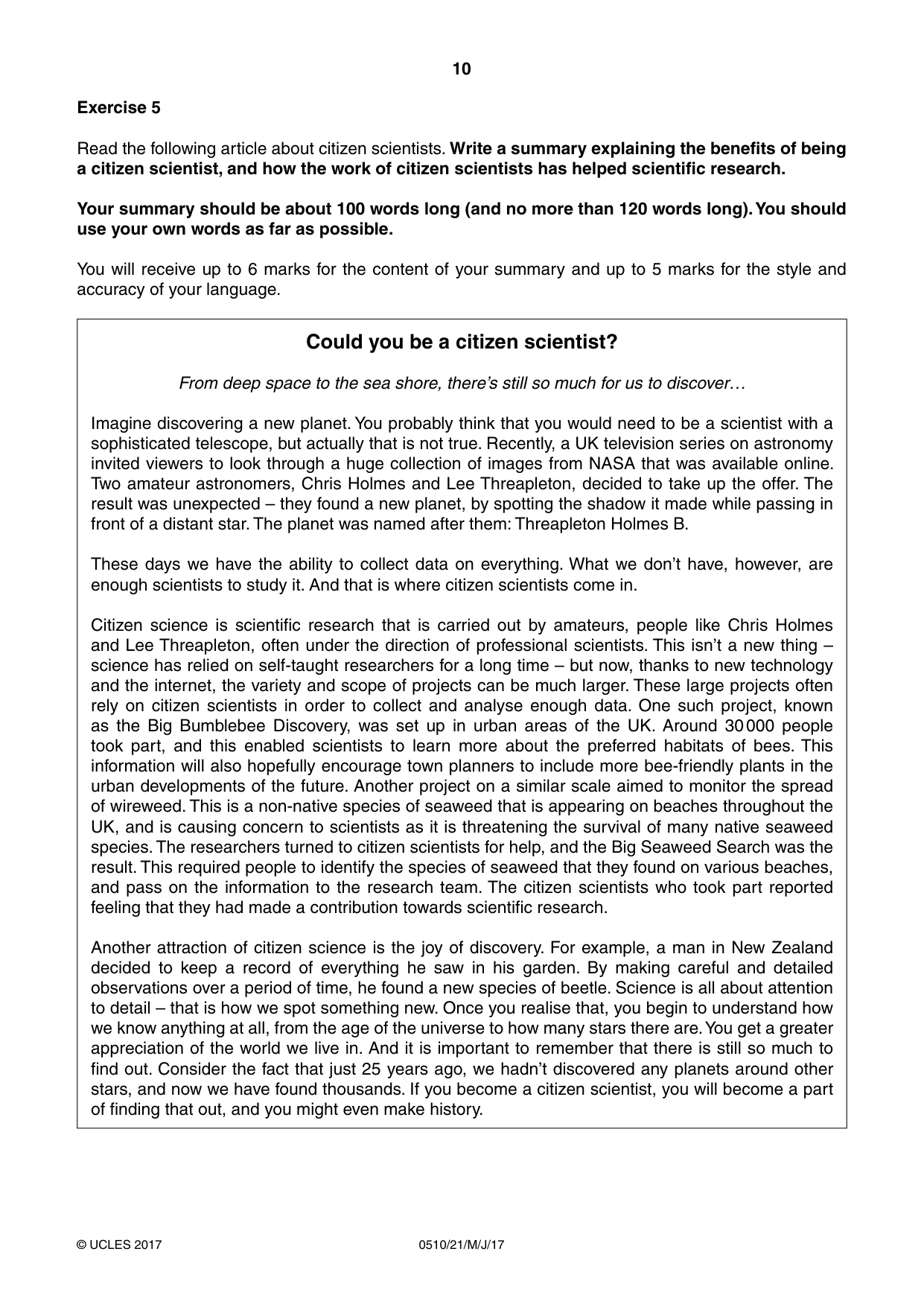 Cambridge IGCSE English - Second Language (oral endorsement) 0510 2017 May/June Paper 2 · Variant 1 question paper, page 10 of 16