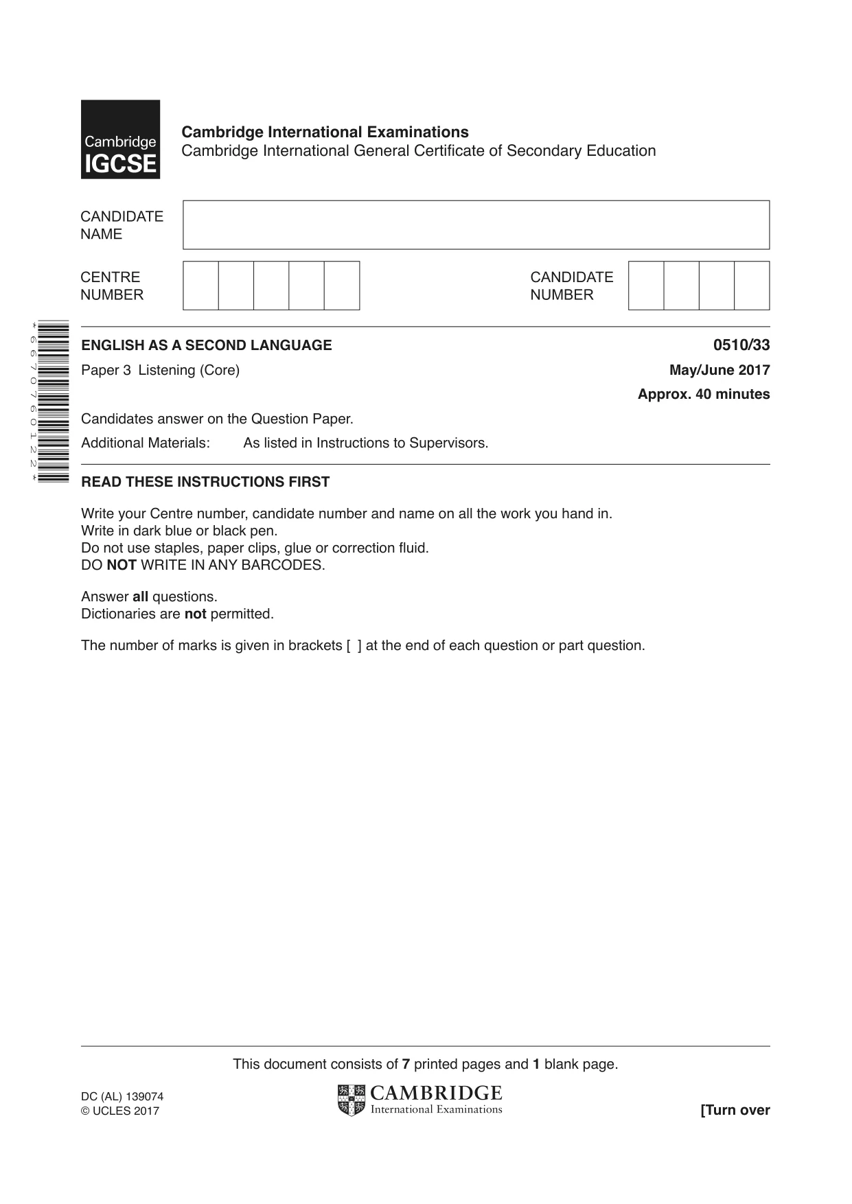 Cambridge IGCSE English - Second Language (oral endorsement) 0510 2017 May/June Paper 3 · Variant 3 question paper, page 1 of 8