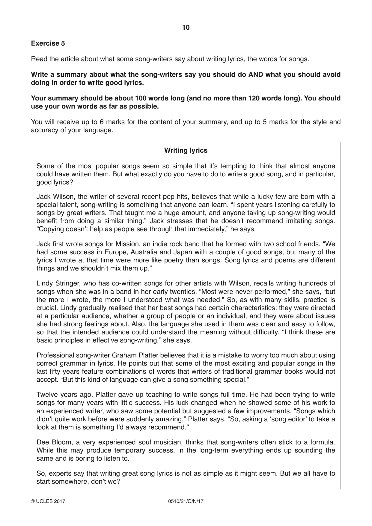 Cambridge IGCSE English - Second Language (oral endorsement) 0510 2017 Oct/Nov Paper 2 · Variant 1 question paper, page 10 of 16