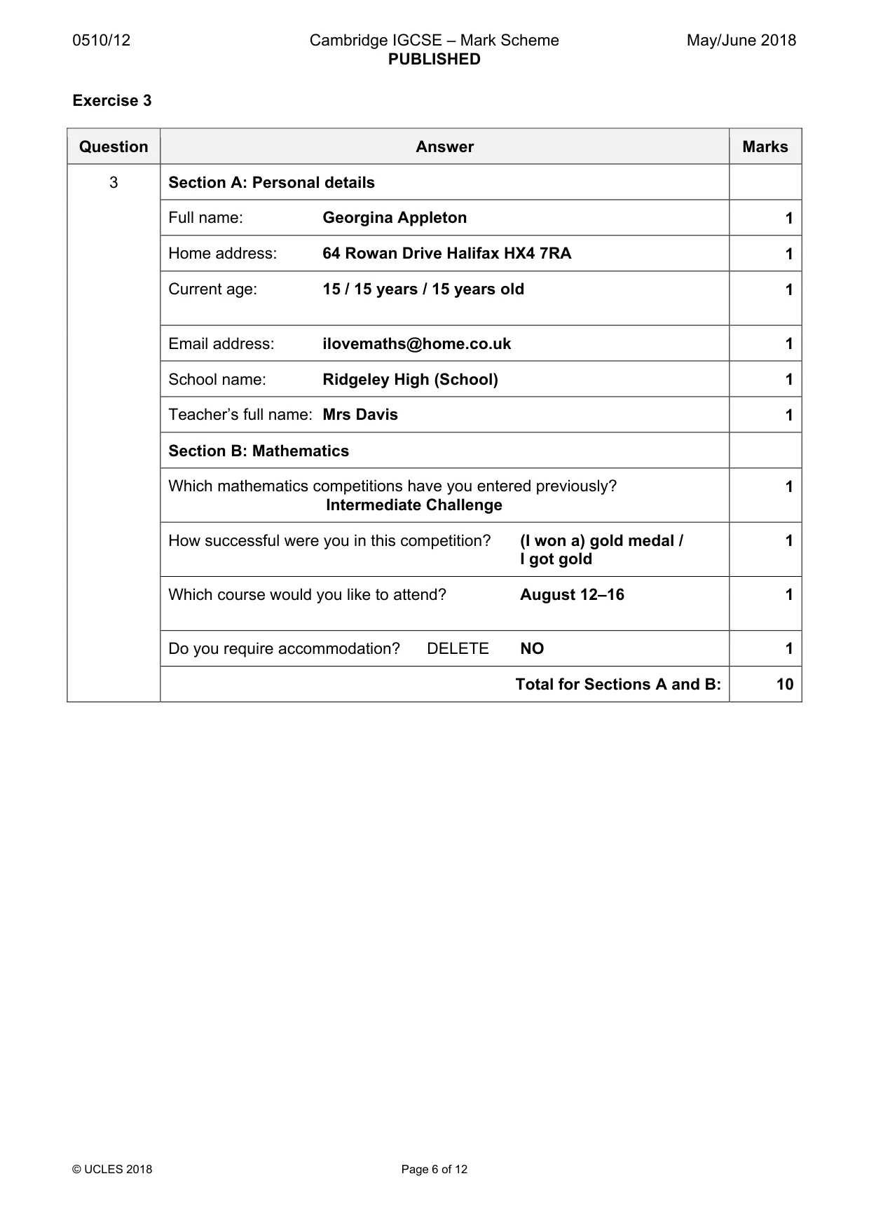 Mark scheme, page 6 of 12