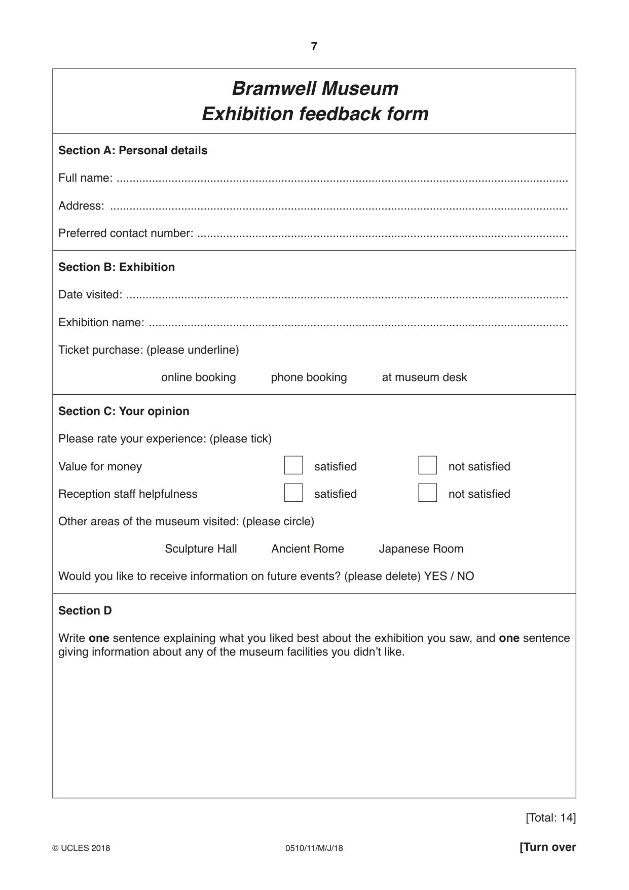 Cambridge IGCSE English - Second Language (oral endorsement) 0510 2018 May/June Paper 1 · Variant 1 question paper, page 7 of 16
