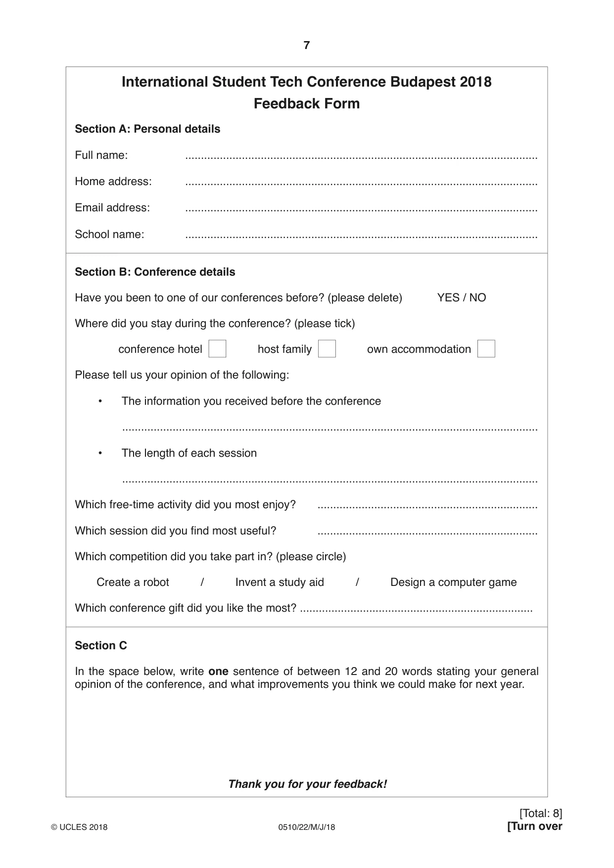 Cambridge IGCSE English - Second Language (oral endorsement) 0510 2018 May/June Paper 2 · Variant 2 question paper, page 7 of 16