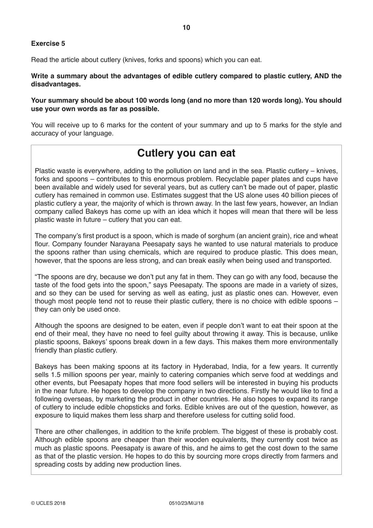 Cambridge IGCSE English - Second Language (oral endorsement) 0510 2018 May/June Paper 2 · Variant 3 question paper, page 10 of 16