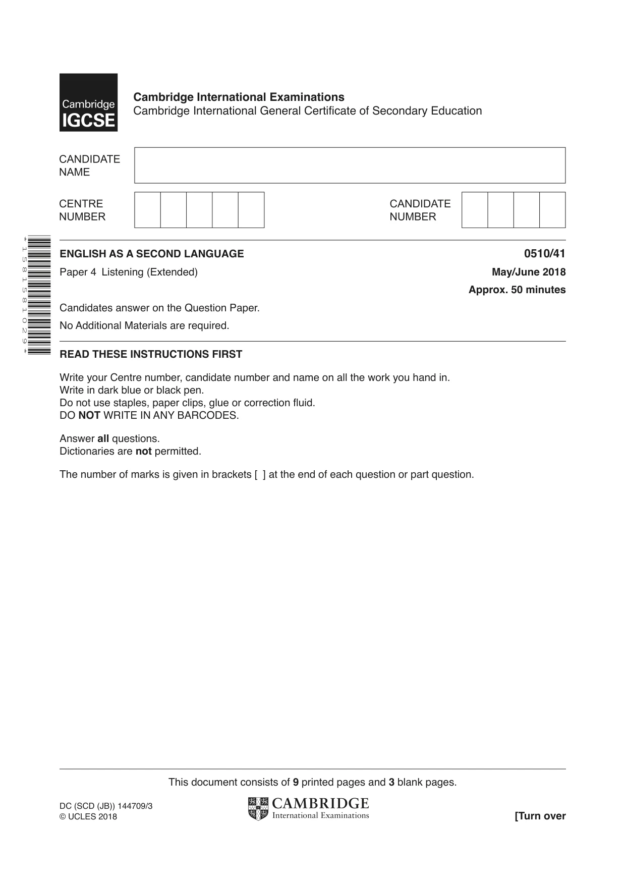 Cambridge IGCSE English - Second Language (oral endorsement) 0510 2018 May/June Paper 4 · Variant 1 question paper, page 1 of 12