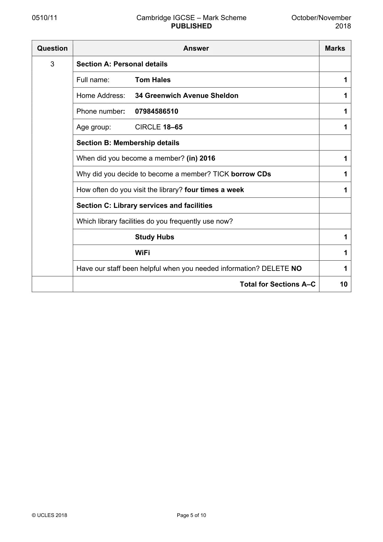 Mark scheme, page 5 of 10