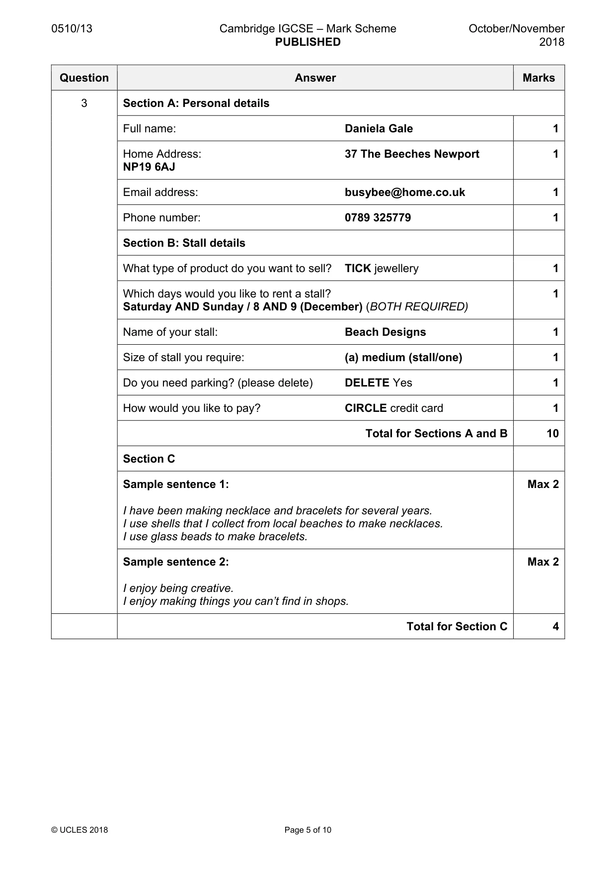 Mark scheme, page 5 of 10
