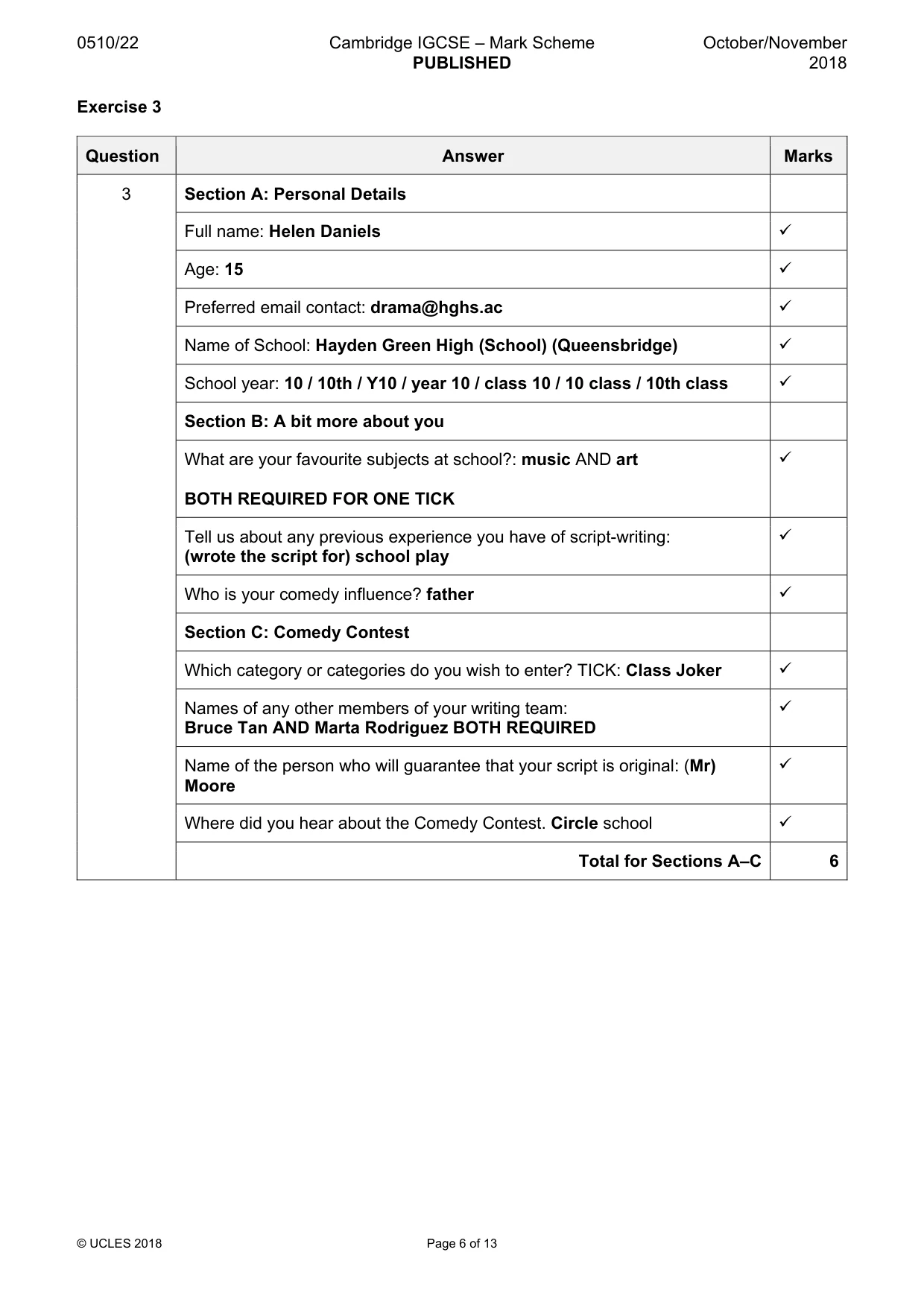 Mark scheme, page 6 of 13
