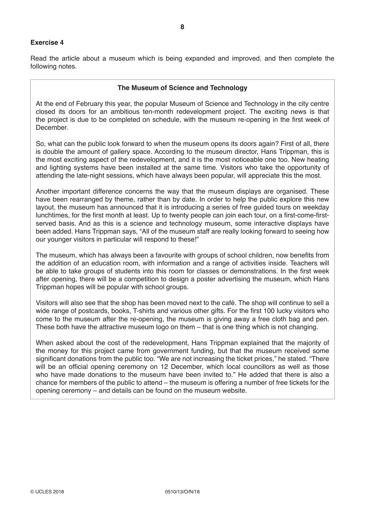 Cambridge IGCSE English - Second Language (oral endorsement) 0510 2018 Oct/Nov Paper 1 · Variant 3 question paper, page 8 of 16