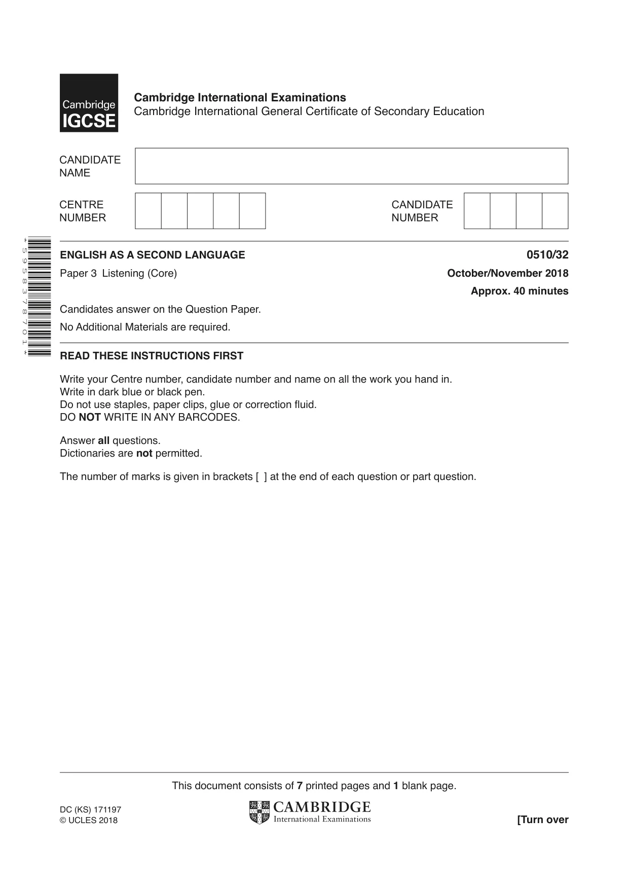 Cambridge IGCSE English - Second Language (oral endorsement) 0510 2018 Oct/Nov Paper 3 · Variant 2 question paper, page 1 of 8