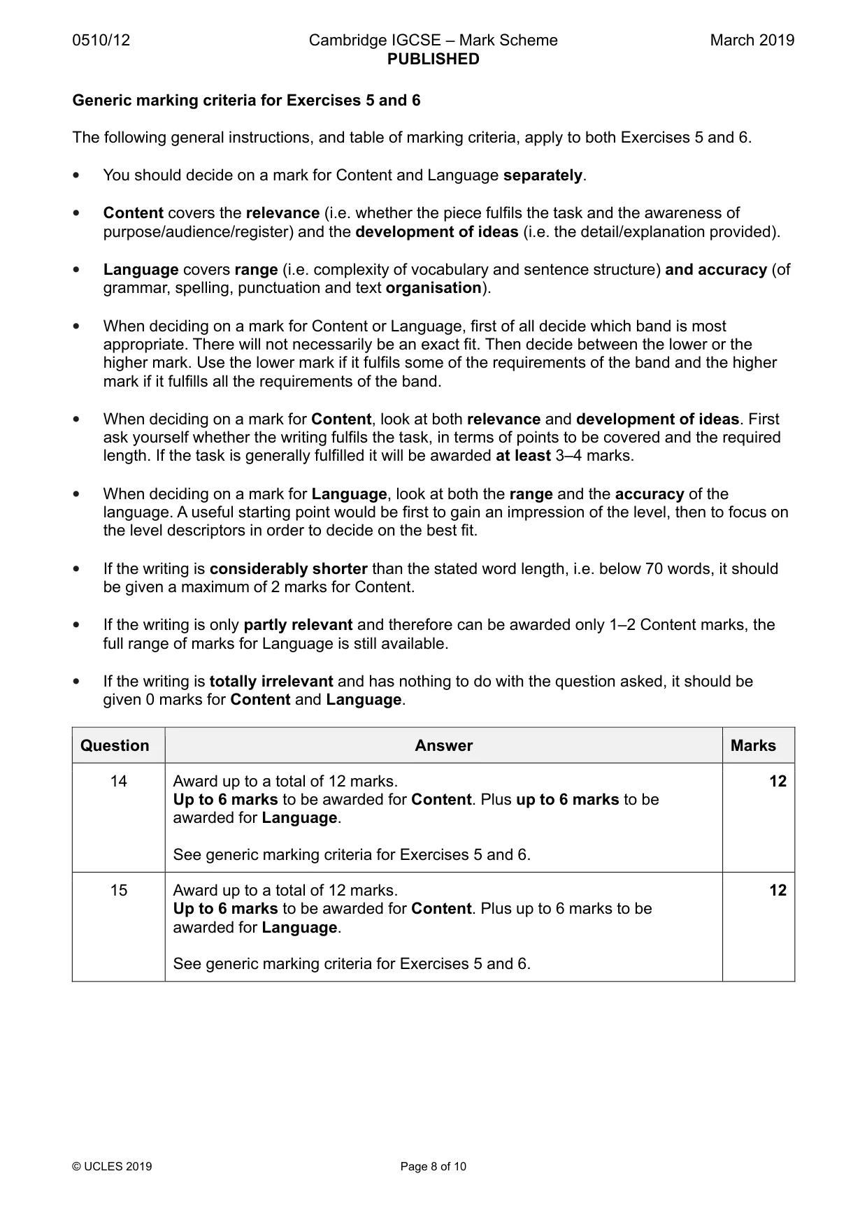 Mark scheme, page 8 of 10