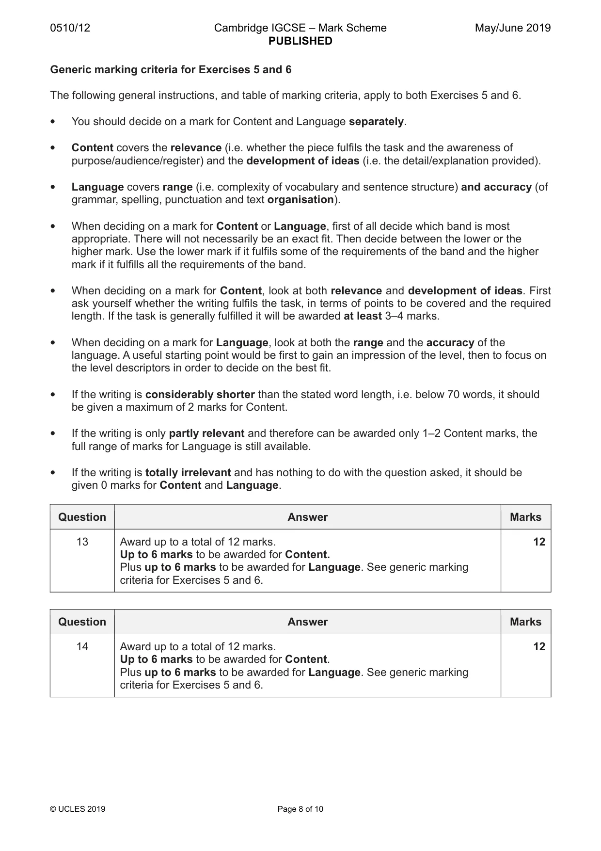 Mark scheme, page 8 of 10