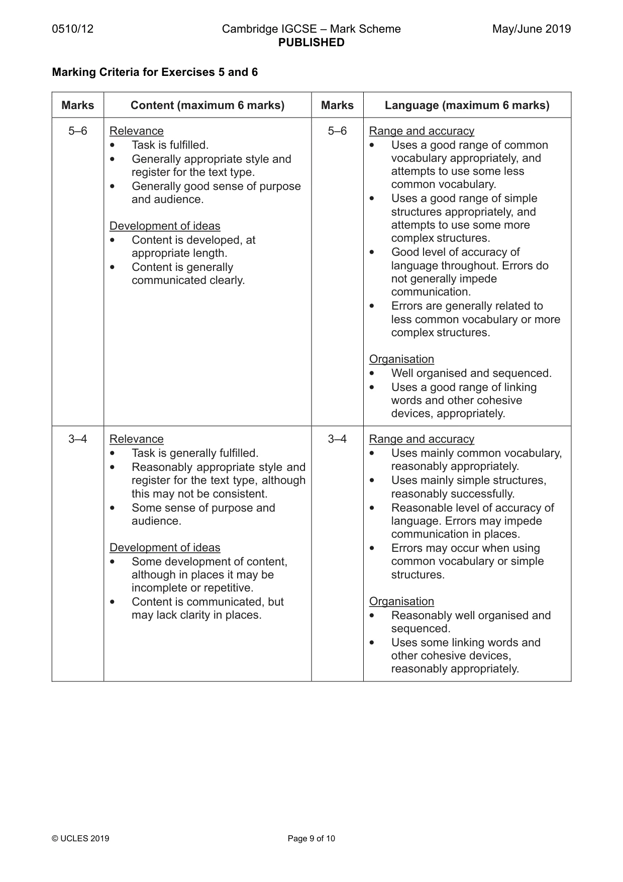 Mark scheme, page 9 of 10