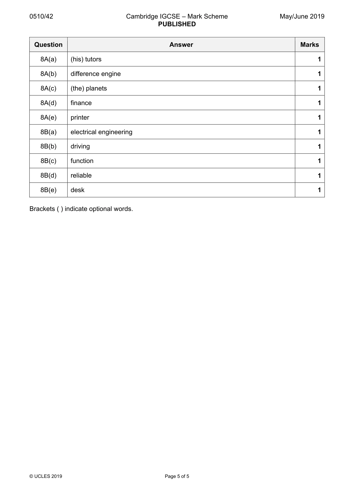 Mark scheme, page 5 of 5