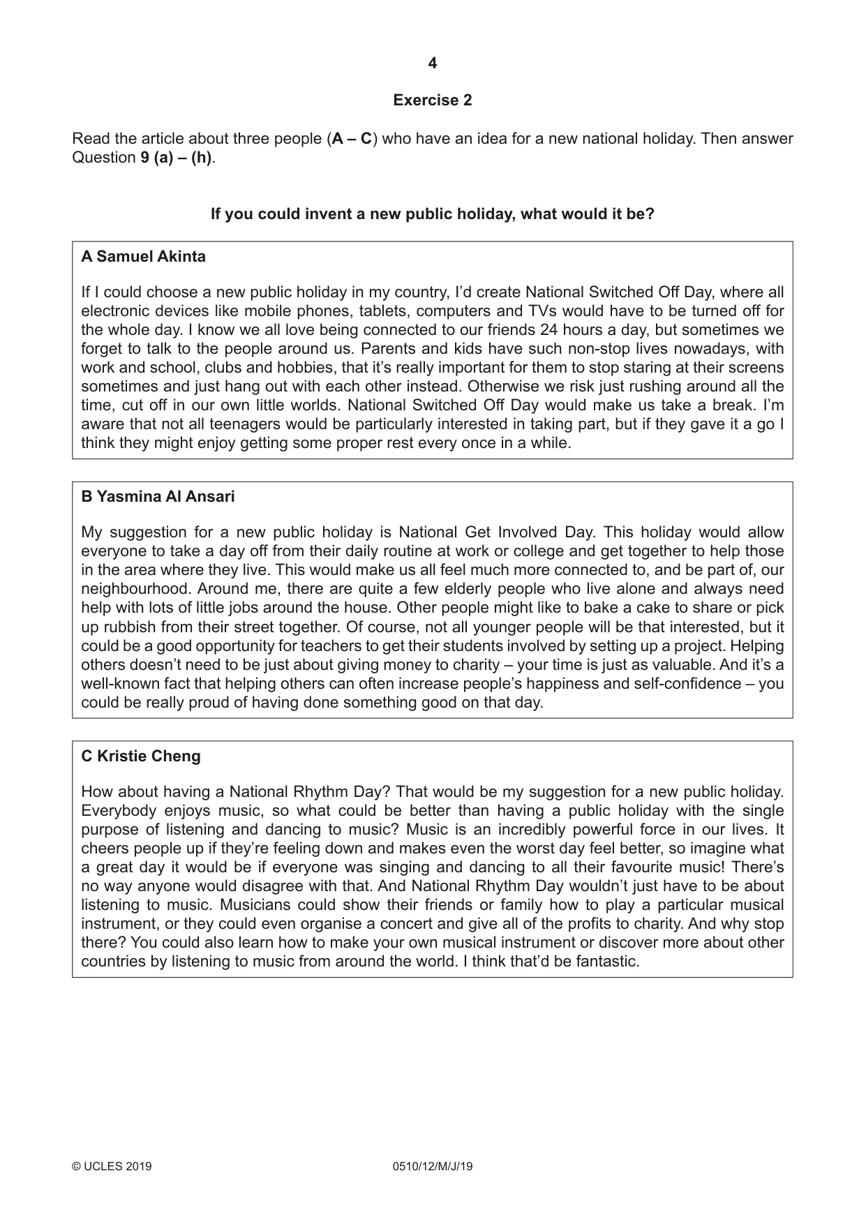 Cambridge IGCSE English - Second Language (oral endorsement) 0510 2019 May/June Paper 1 · Variant 2 question paper, page 4 of 16