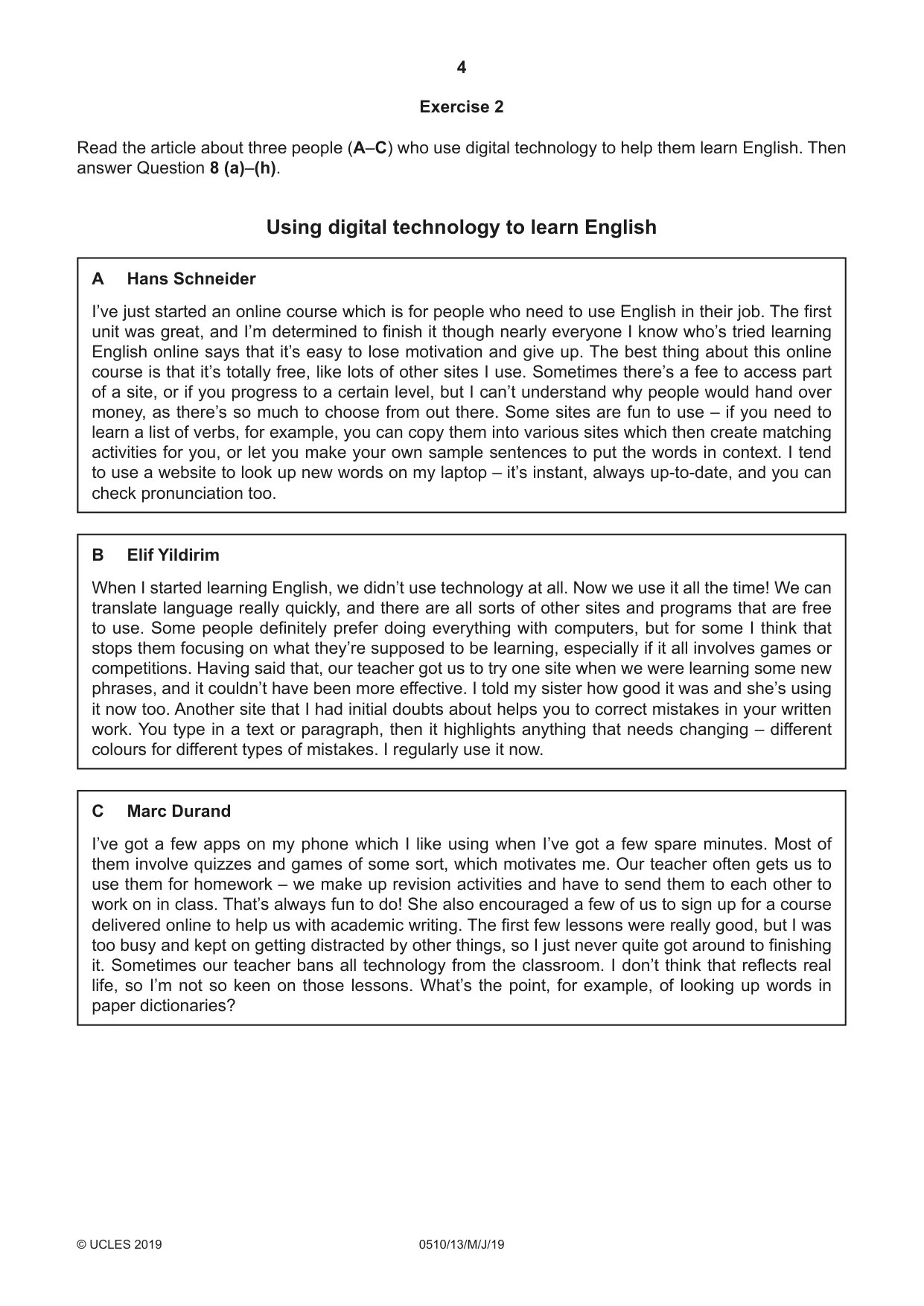Cambridge IGCSE English - Second Language (oral endorsement) 0510 2019 May/June Paper 1 · Variant 3 question paper, page 4 of 16