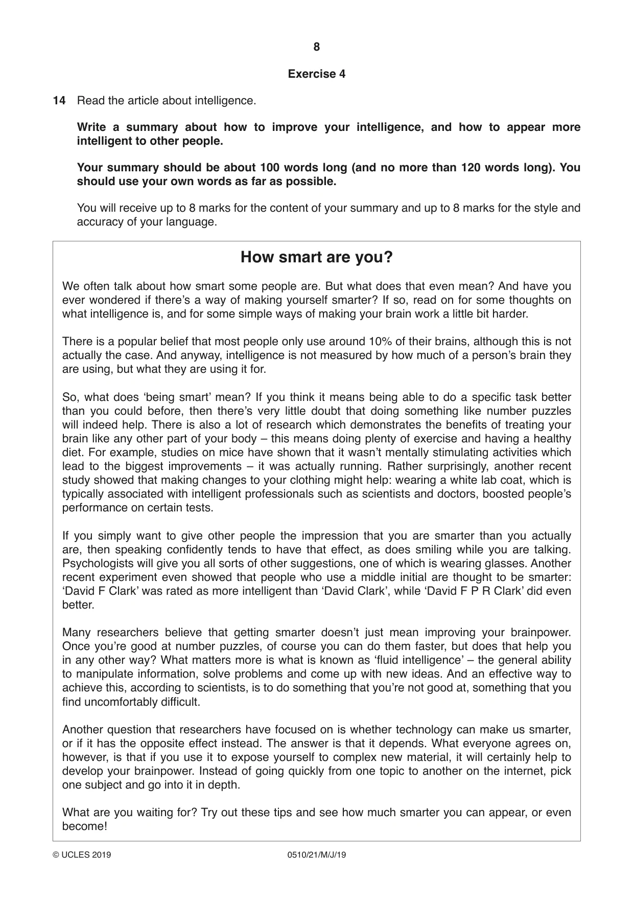 Cambridge IGCSE English - Second Language (oral endorsement) 0510 2019 May/June Paper 2 · Variant 1 question paper, page 8 of 16