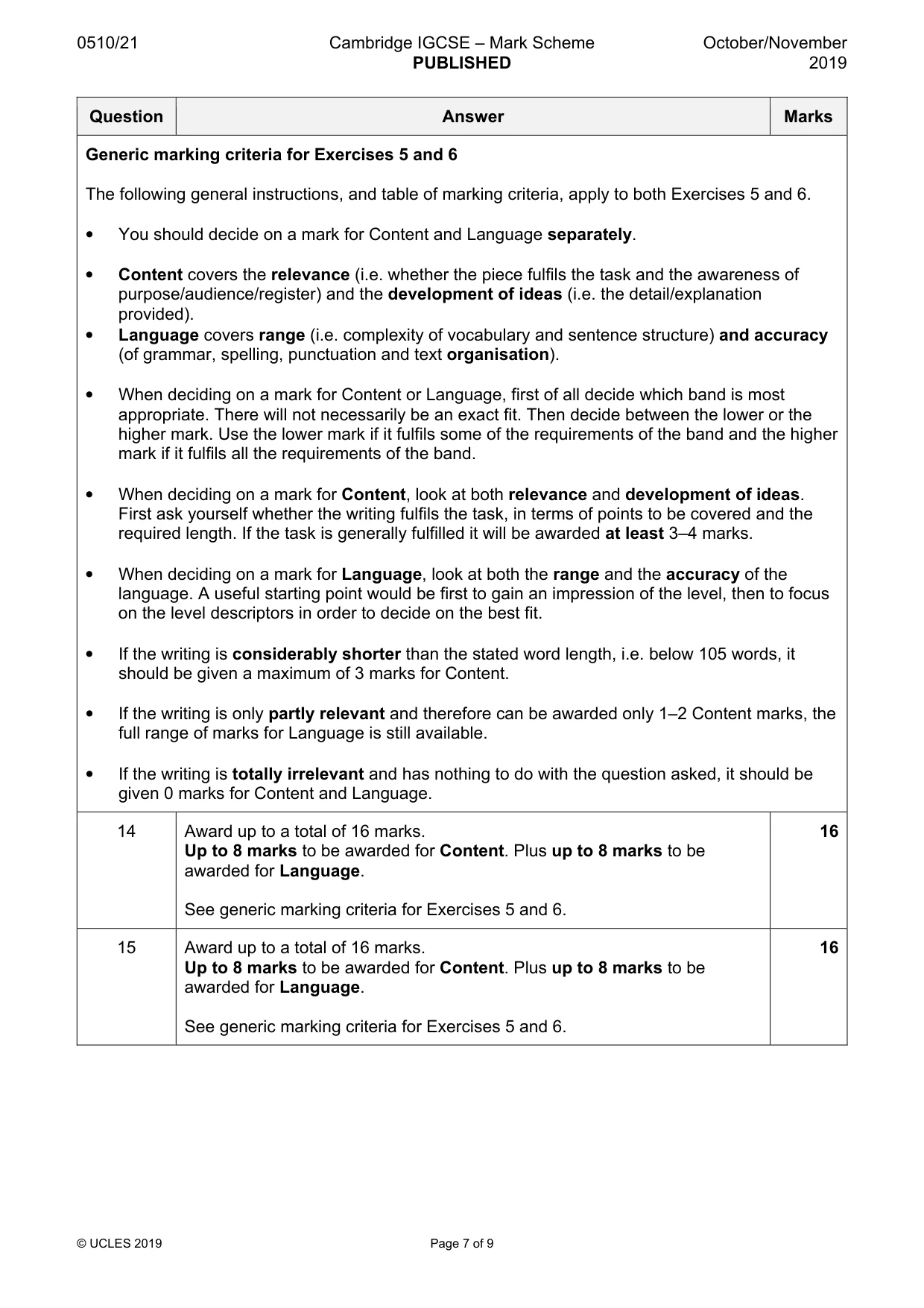 Mark scheme, page 7 of 9